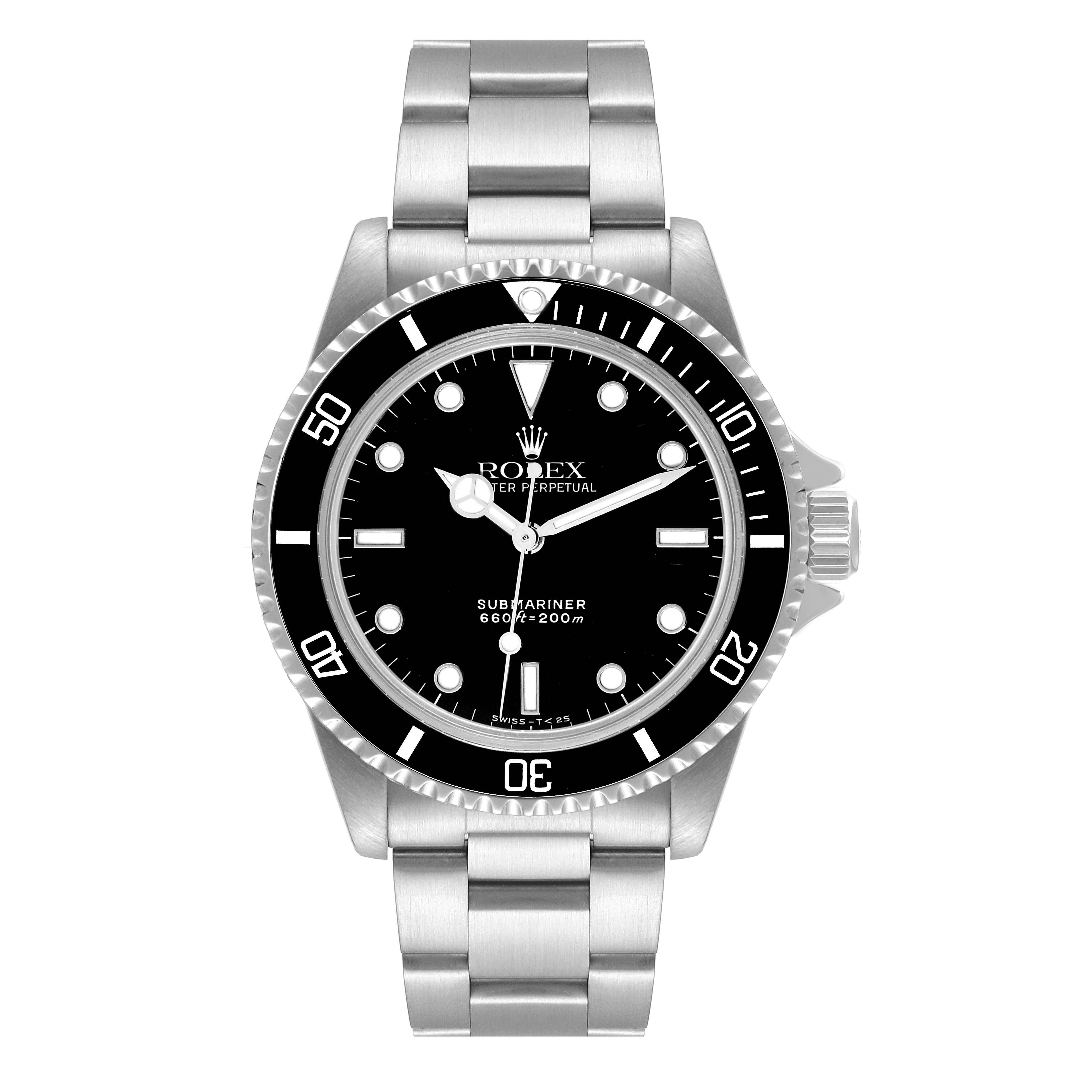 The image shows a front view of a Rolex Submariner 5513 Men's Stainless Steel Black Dial 5513 Men's Stainless Steel Black Dial watch, highlighting its dial, bezel, and bracelet.