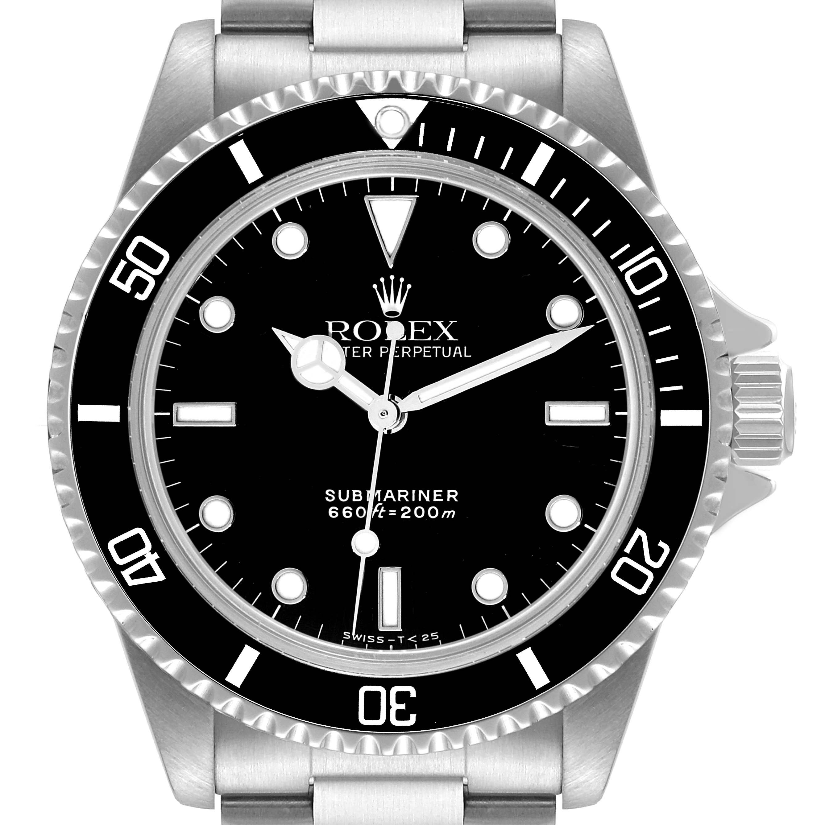 The Rolex Submariner 5513 Men's Stainless Steel Black Dial 5513 Men's Stainless Steel Black Dial watch shown here is viewed from the front, showcasing its face, bezel, and part of the bracelet.