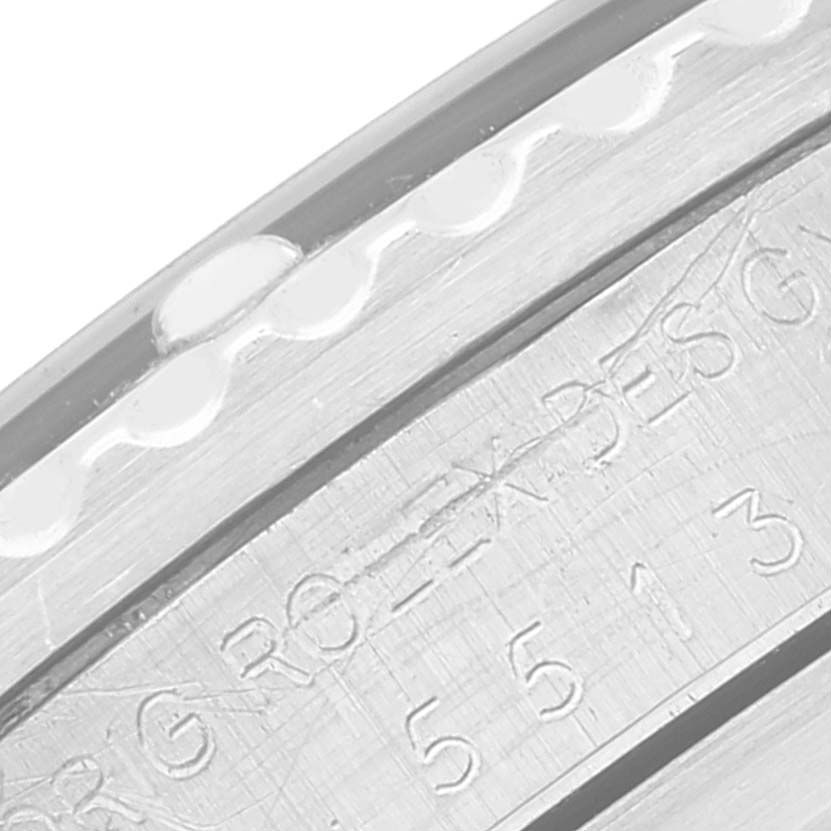 This image shows a close-up angle of the engraved inside bezel of a Rolex Submariner 5513 Men's Stainless Steel Black Dial 5513 Men's Stainless Steel Black Dial watch.