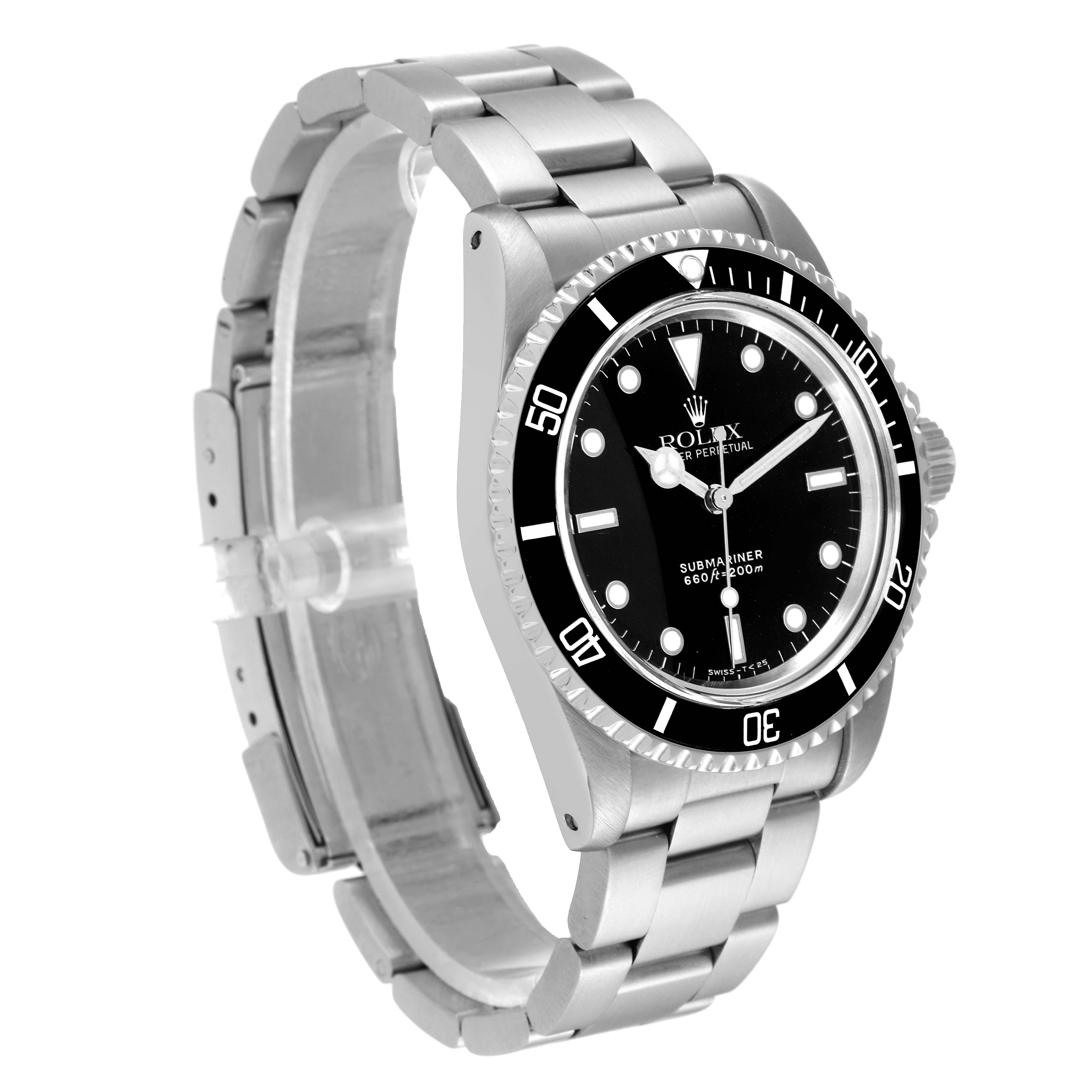 This image shows a side-angle view of a Rolex Submariner 5513 Men's Stainless Steel Black Dial 5513 Men's Stainless Steel Black Dial watch, highlighting its black dial, bezel, and stainless steel bracelet.