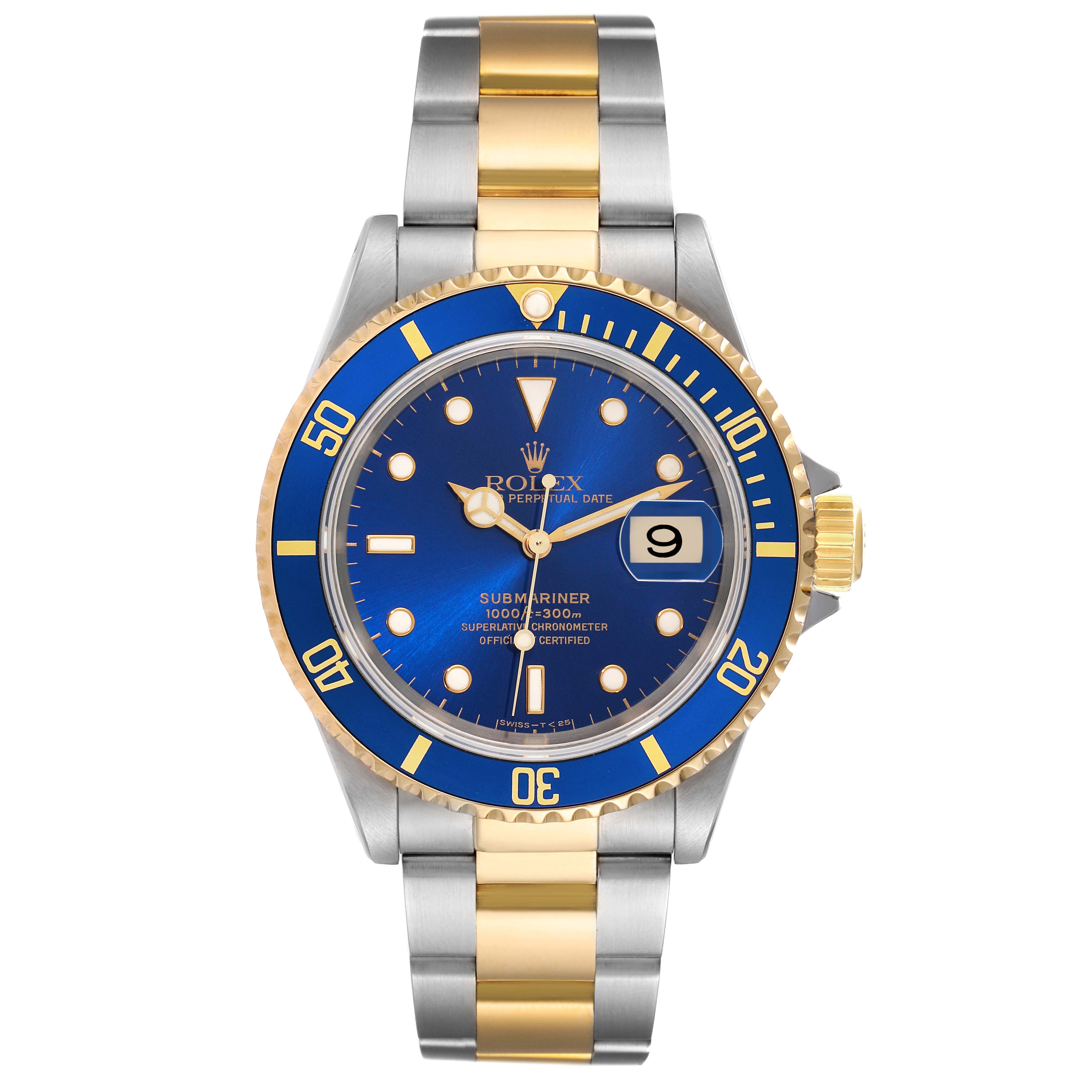 The Rolex Submariner 16613 Men
s Steel and Gold (two tone) Blue Dial 16613 Men
s Steel and Gold (two tone) Blue Dial watch is shown from a front angle, highlighting its blue dial, date feature, and two-tone bracelet.