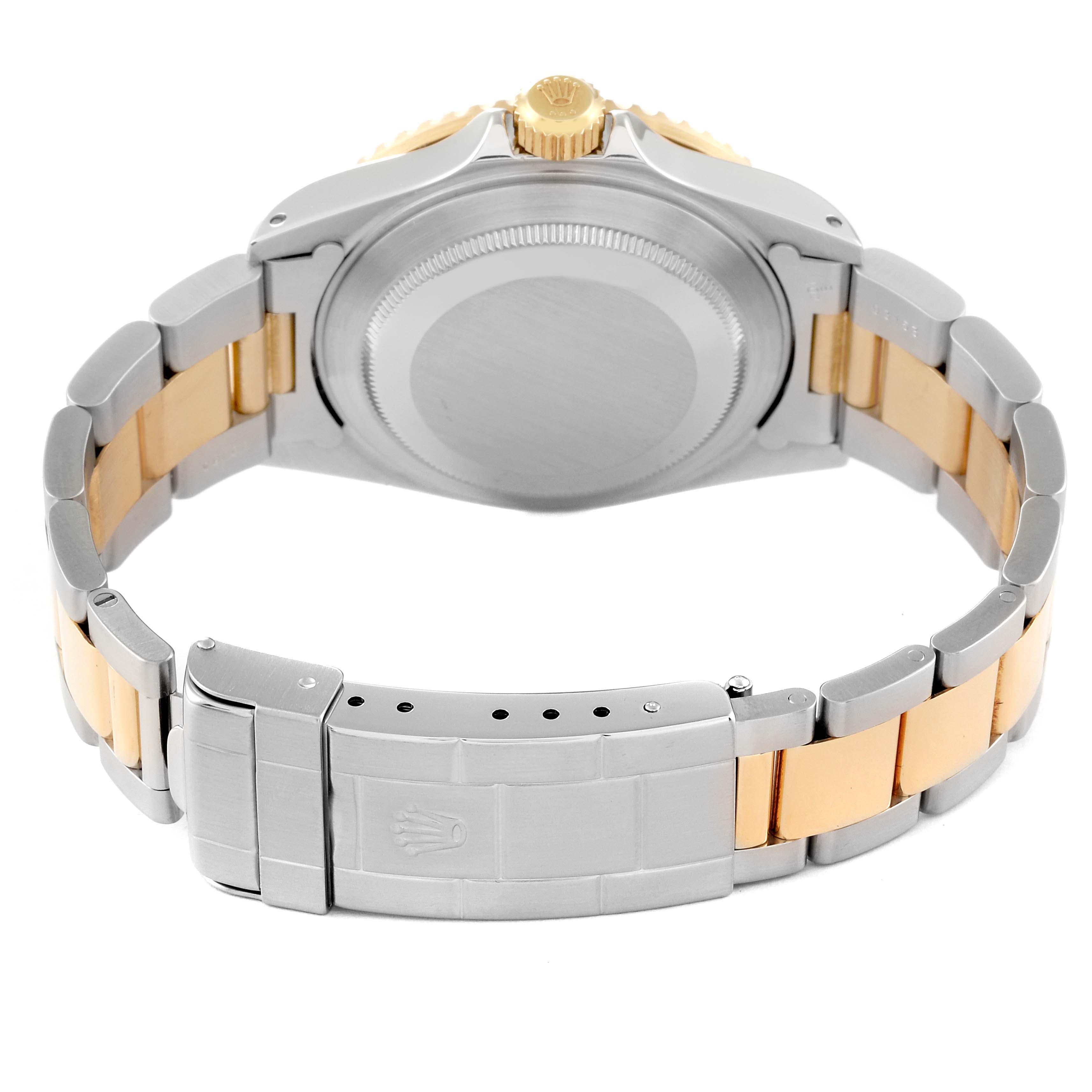 The image shows the back view of a Rolex Submariner 16613 Men
s Steel and Gold (two tone) Blue Dial 16613 Men
s Steel and Gold (two tone) Blue Dial watch, highlighting the case back, crown, and bracelet with the clasp.