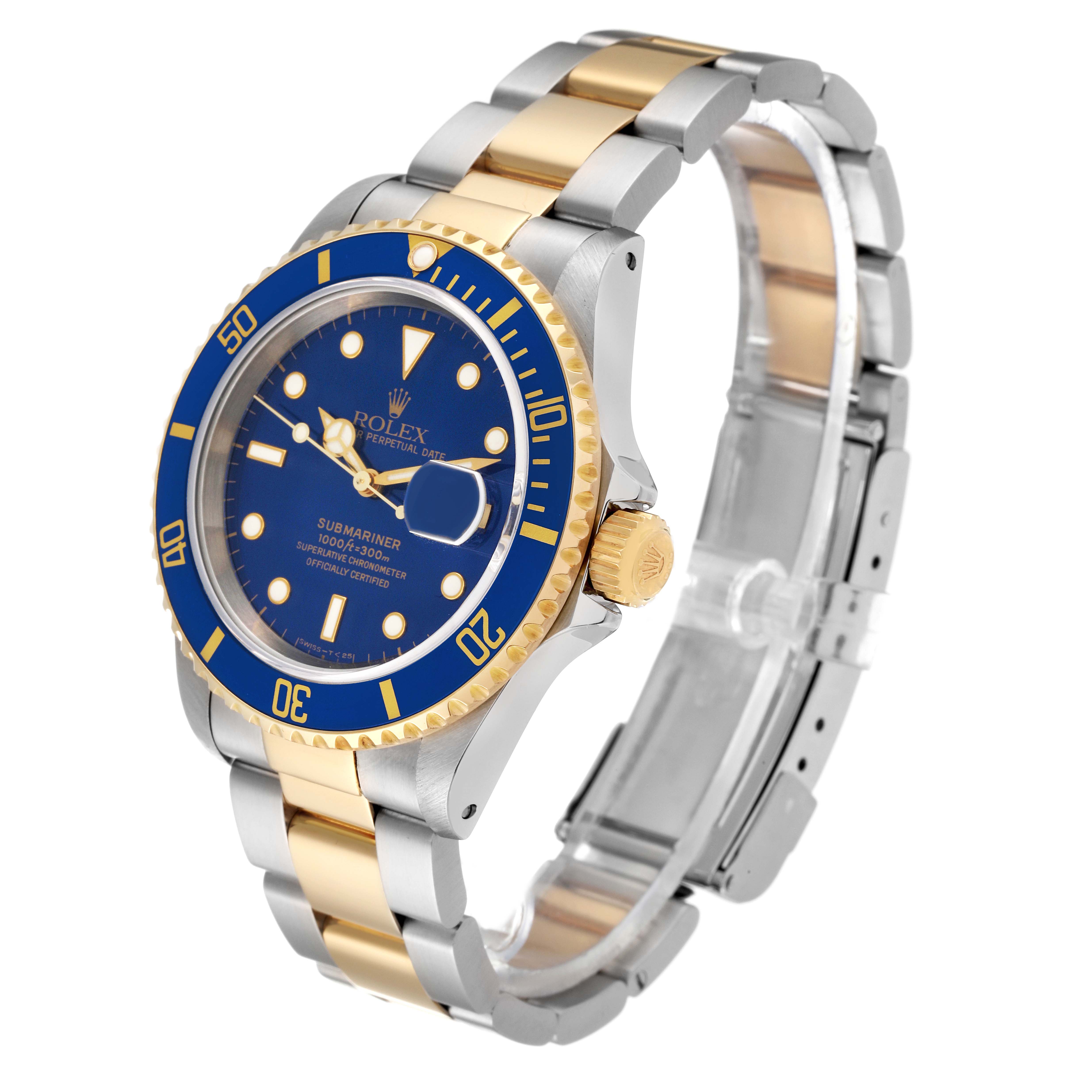 The image shows a Rolex Submariner 16613 Men
s Steel and Gold (two tone) Blue Dial 16613 Men
s Steel and Gold (two tone) Blue Dial at a three-quarter angle, displaying its blue dial, bezel, case, crown, and two-tone bracelet.