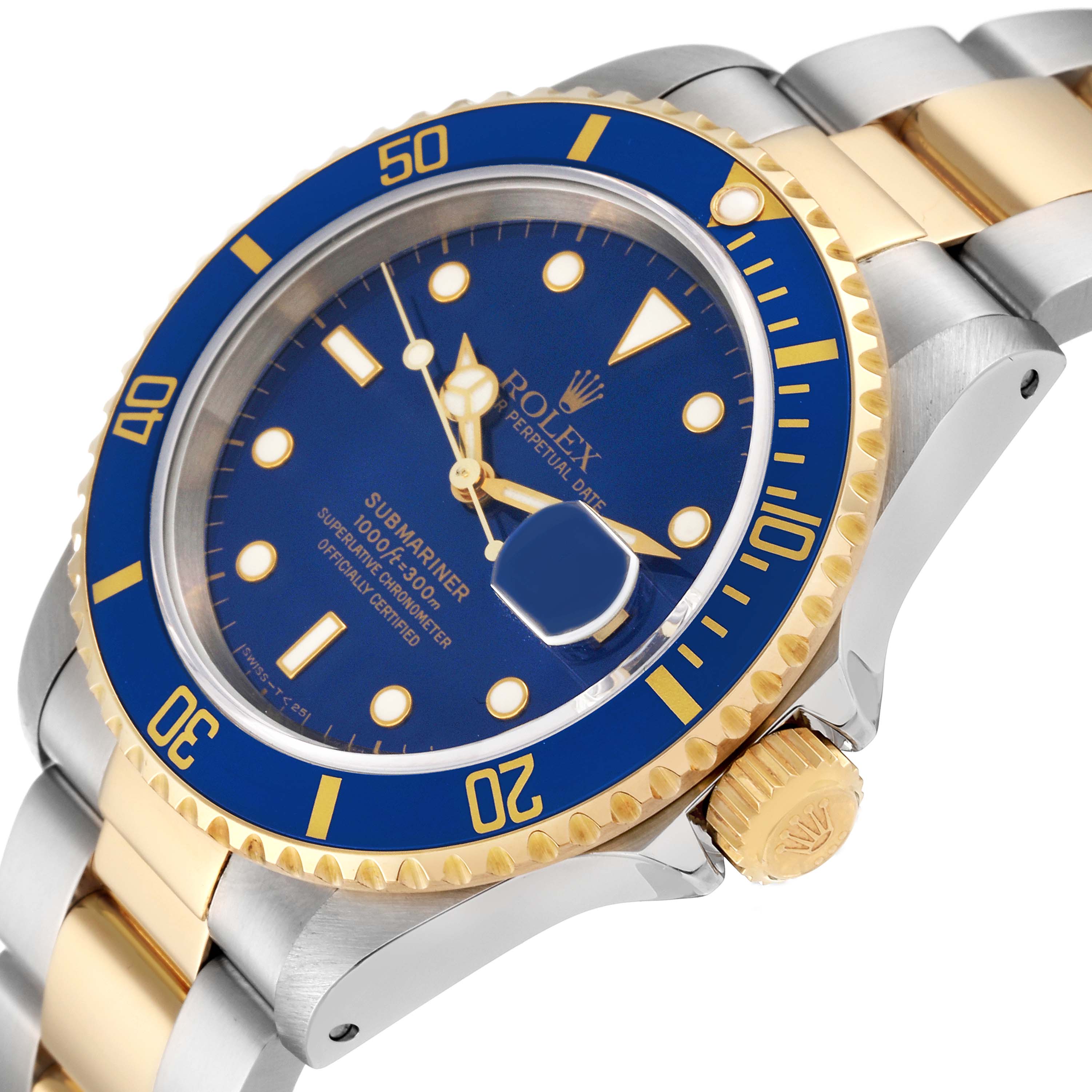 The image shows a close-up angle of the Rolex Submariner 16613 Men
s Steel and Gold (two tone) Blue Dial 16613 Men
s Steel and Gold (two tone) Blue Dial watch, focusing on the dial, bezel, and part of the bracelet.