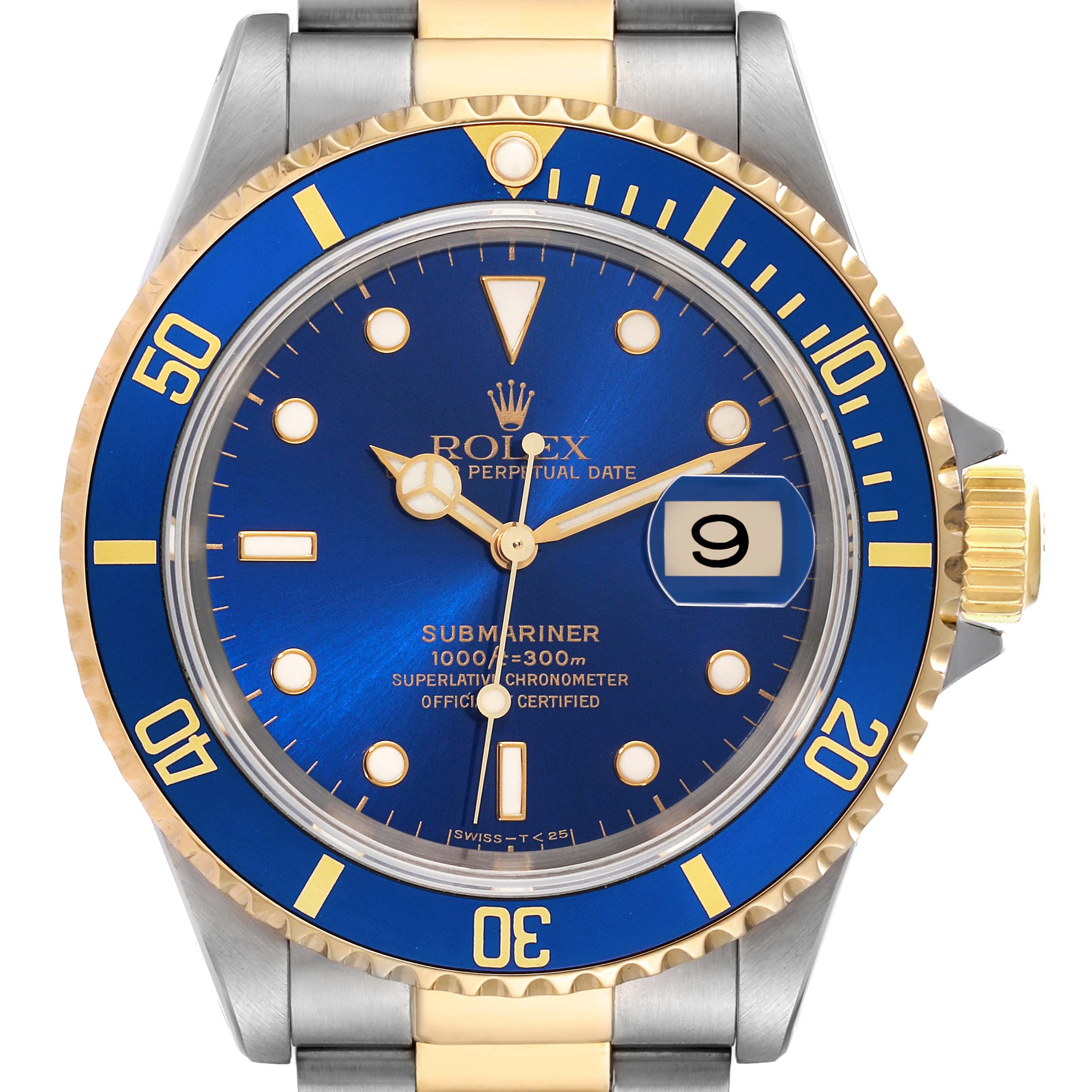 The image shows a frontal view of a Rolex Submariner 16613 Men
s Steel and Gold (two tone) Blue Dial 16613 Men
s Steel and Gold (two tone) Blue Dial, highlighting the dial, bezel, date window, and part of the bracelet.