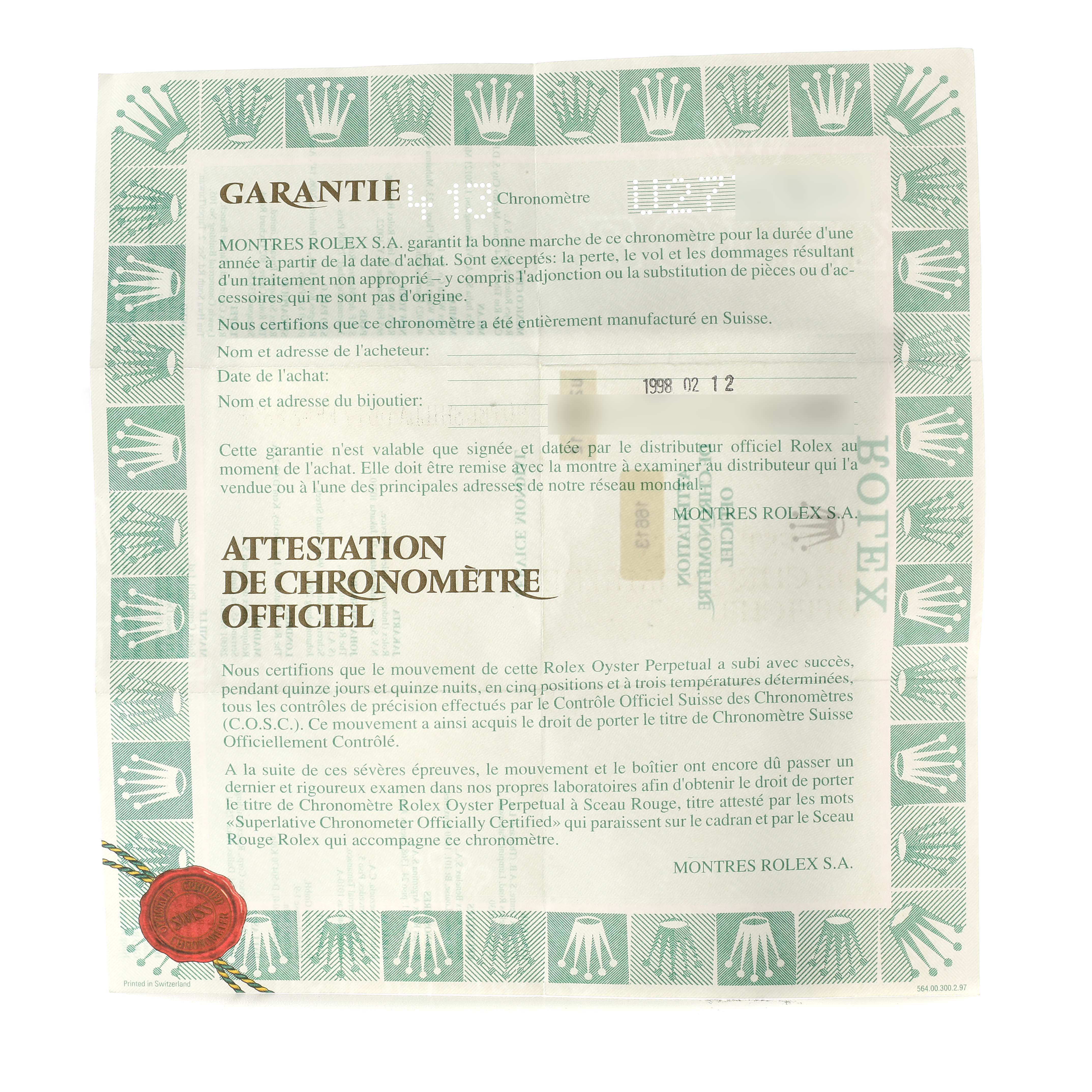 The image shows a warranty and certificate document for the Rolex Submariner 16613 Men
s Steel and Gold (two tone) Blue Dial 16613 Men
s Steel and Gold (two tone) Blue Dial watch, featuring text and the Rolex crown logo.