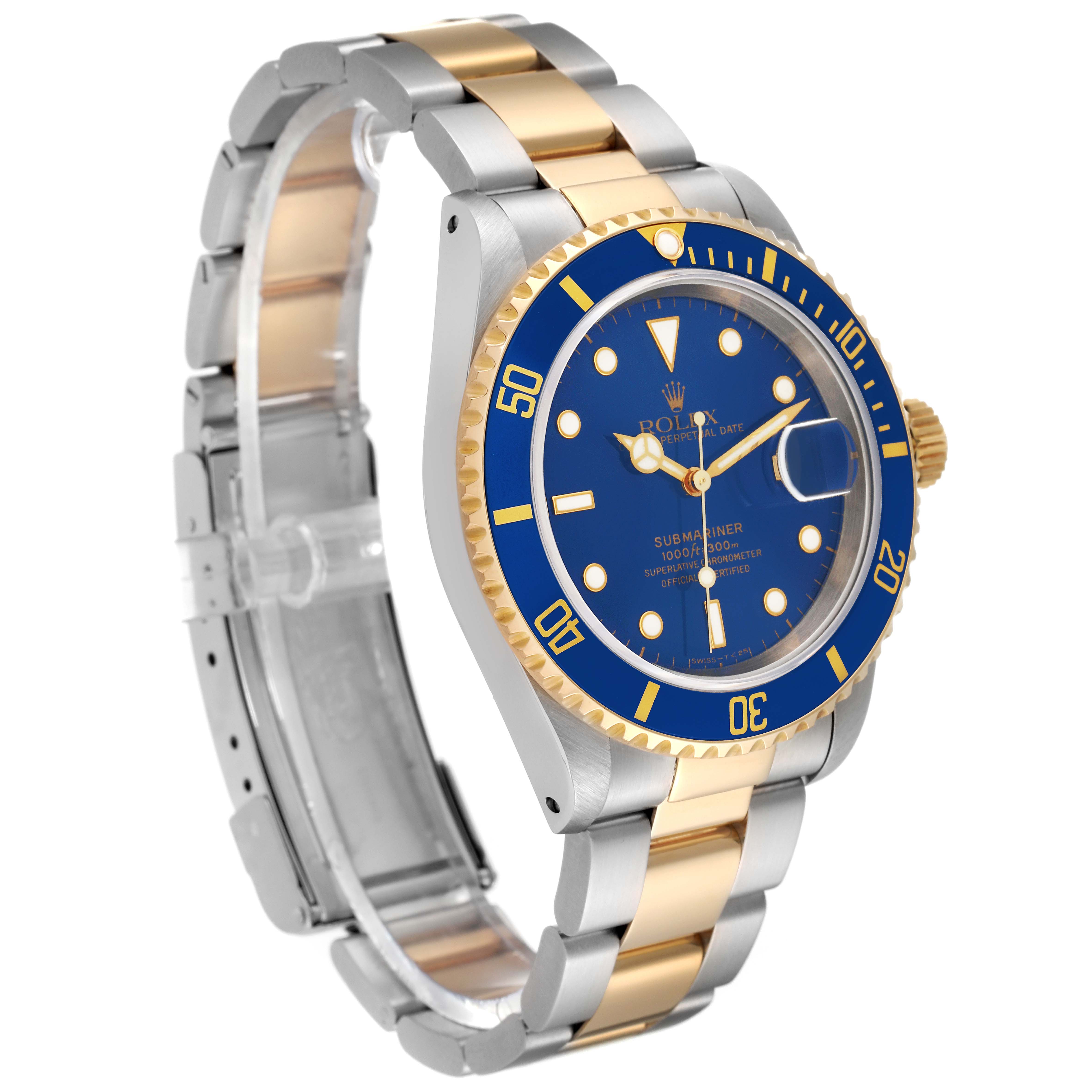 Side angle view of a Rolex Submariner 16613 Men
s Steel and Gold (two tone) Blue Dial 16613 Men
s Steel and Gold (two tone) Blue Dial watch, showing the blue dial, gold bezel, and two-tone stainless steel and gold bracelet.