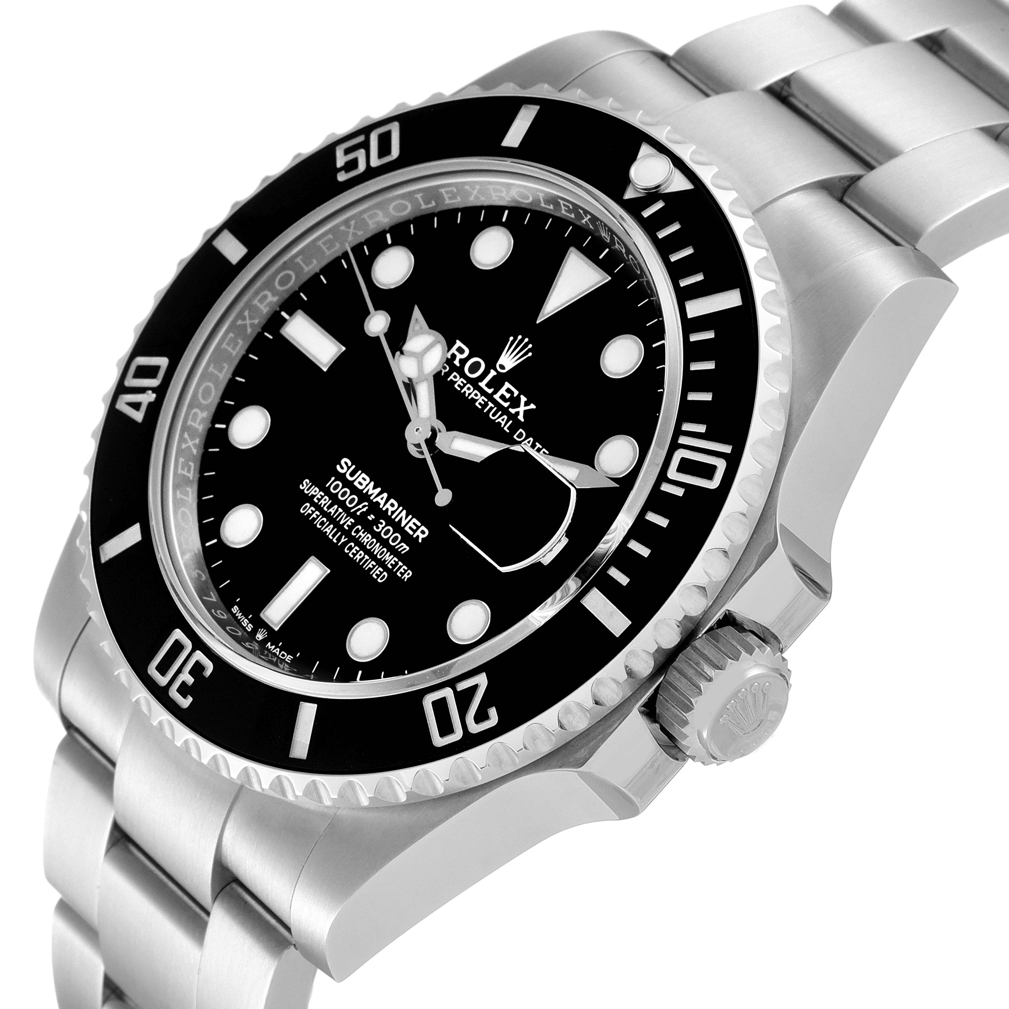 This image shows a Rolex Submariner 126610 Men
s Stainless Steel Black Dial 126610 Men
s Stainless Steel Black Dial watch at a slight angle, highlighting its black dial, bezel, and stainless steel bracelet.