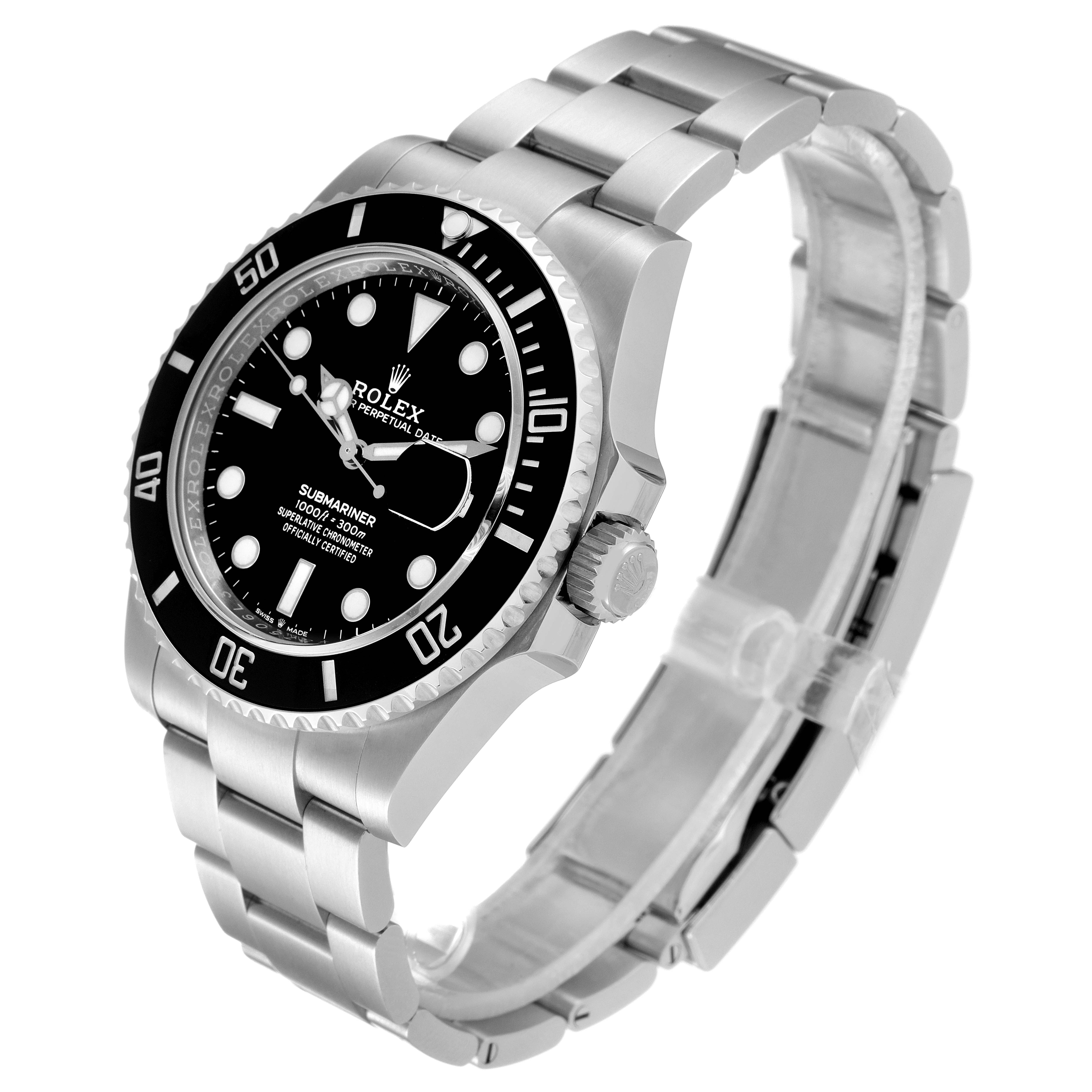 The Rolex Submariner 126610 Men
s Stainless Steel Black Dial 126610 Men
s Stainless Steel Black Dial watch is shown at an angle highlighting the dial, bezel, case, and bracelet.