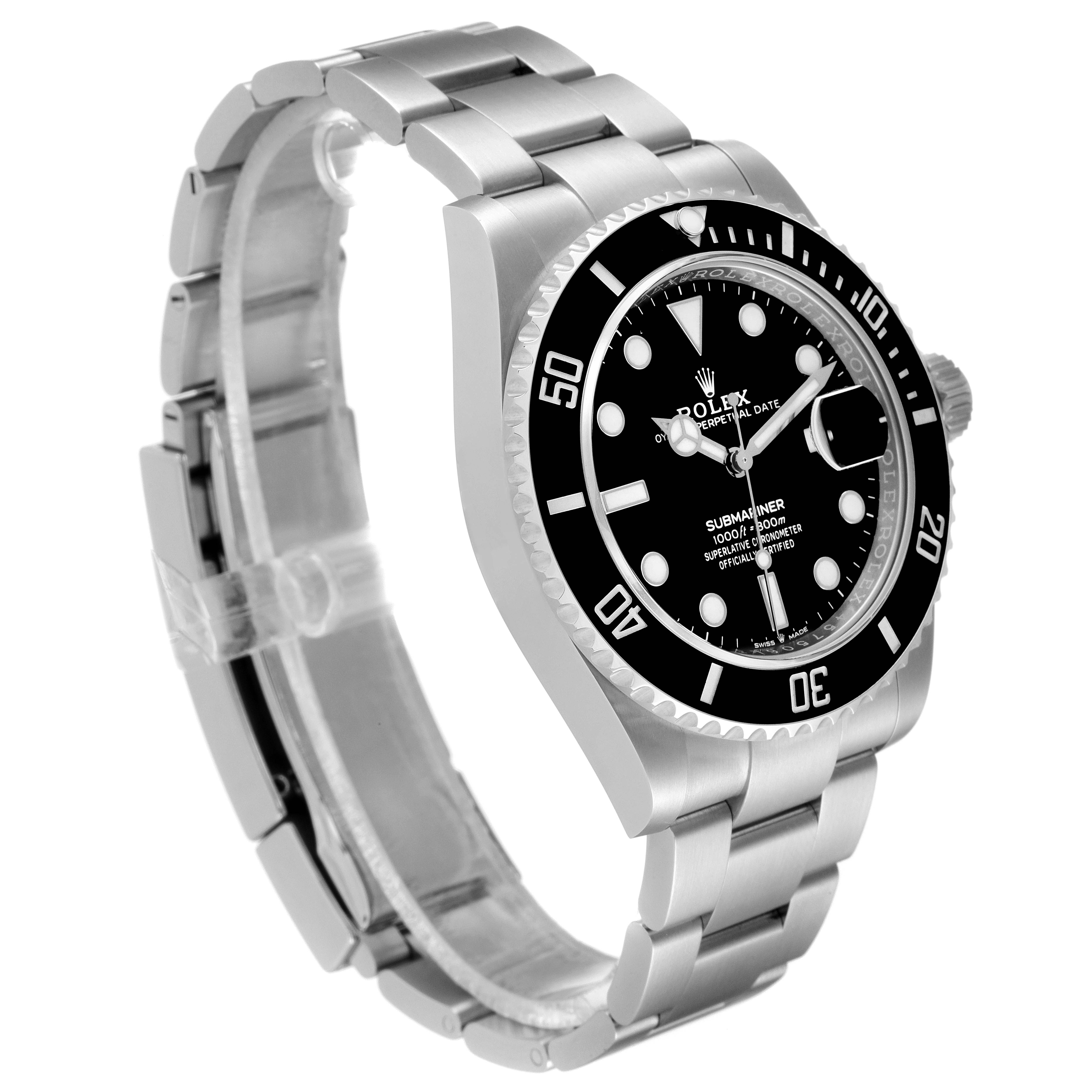 The Rolex Submariner 126610 Men
s Stainless Steel Black Dial 126610 Men
s Stainless Steel Black Dial watch is shown at an angle displaying its face, bezel, and metal bracelet prominently.