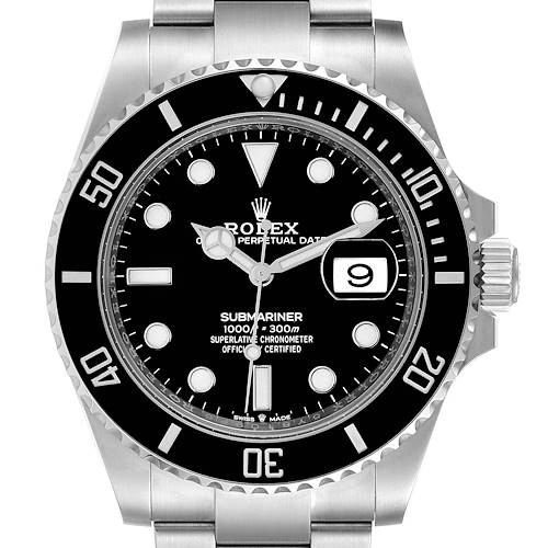 The image shows a front view of a Rolex Submariner watch, highlighting its black bezel, dial, and date window.