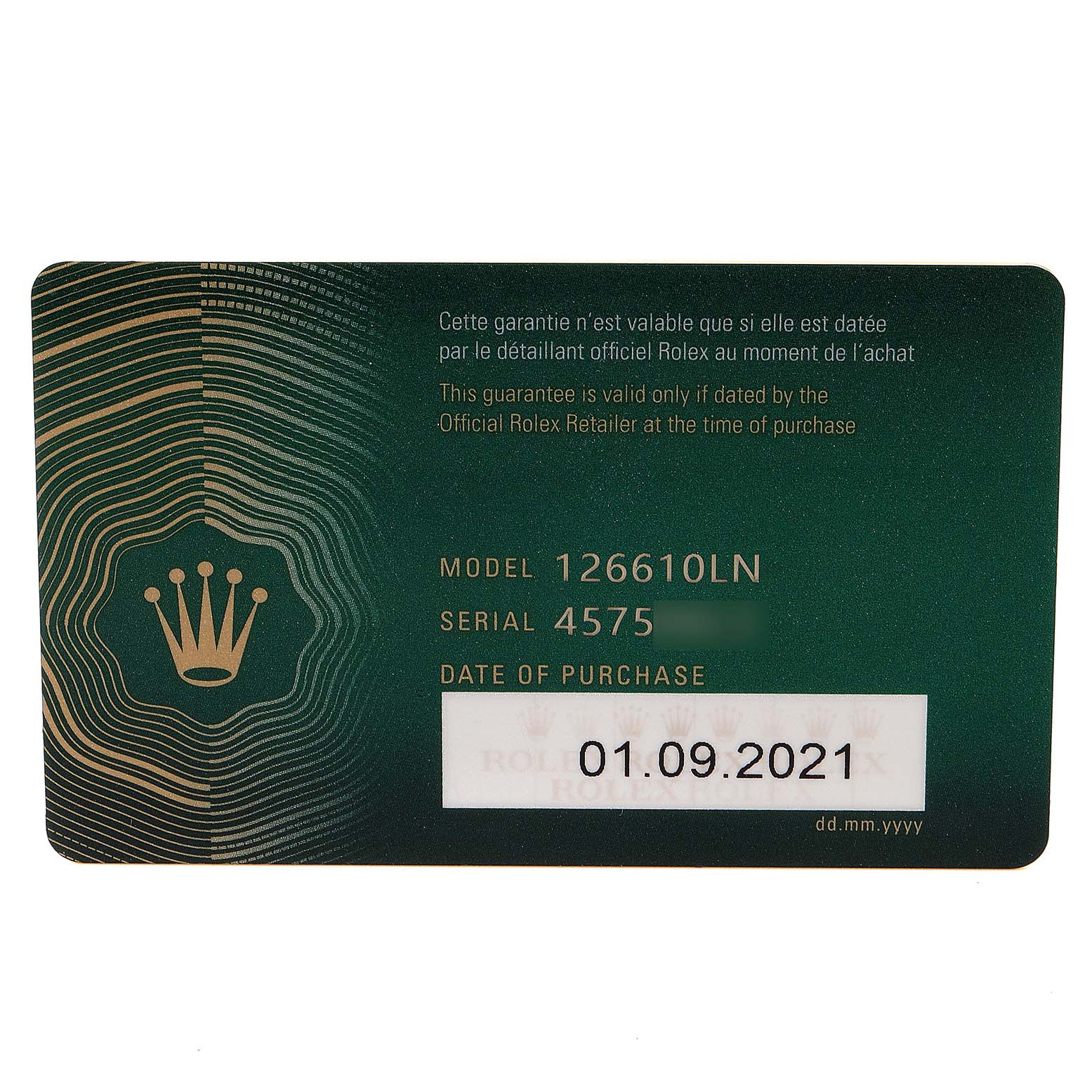 This image shows a warranty card for a Rolex Submariner 126610 Men
s Stainless Steel Black Dial 126610 Men
s Stainless Steel Black Dial model 126610LN, displaying the serial number and date of purchase.