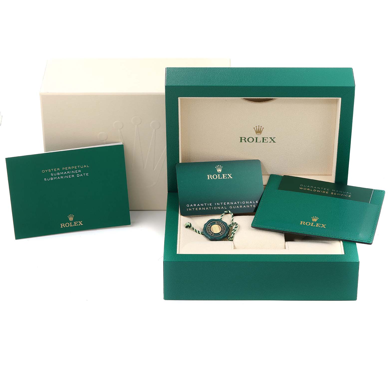 The image shows a Rolex Submariner 126610 Men
s Stainless Steel Black Dial 126610 Men
s Stainless Steel Black Dial watch in a green box with warranty cards and manuals.