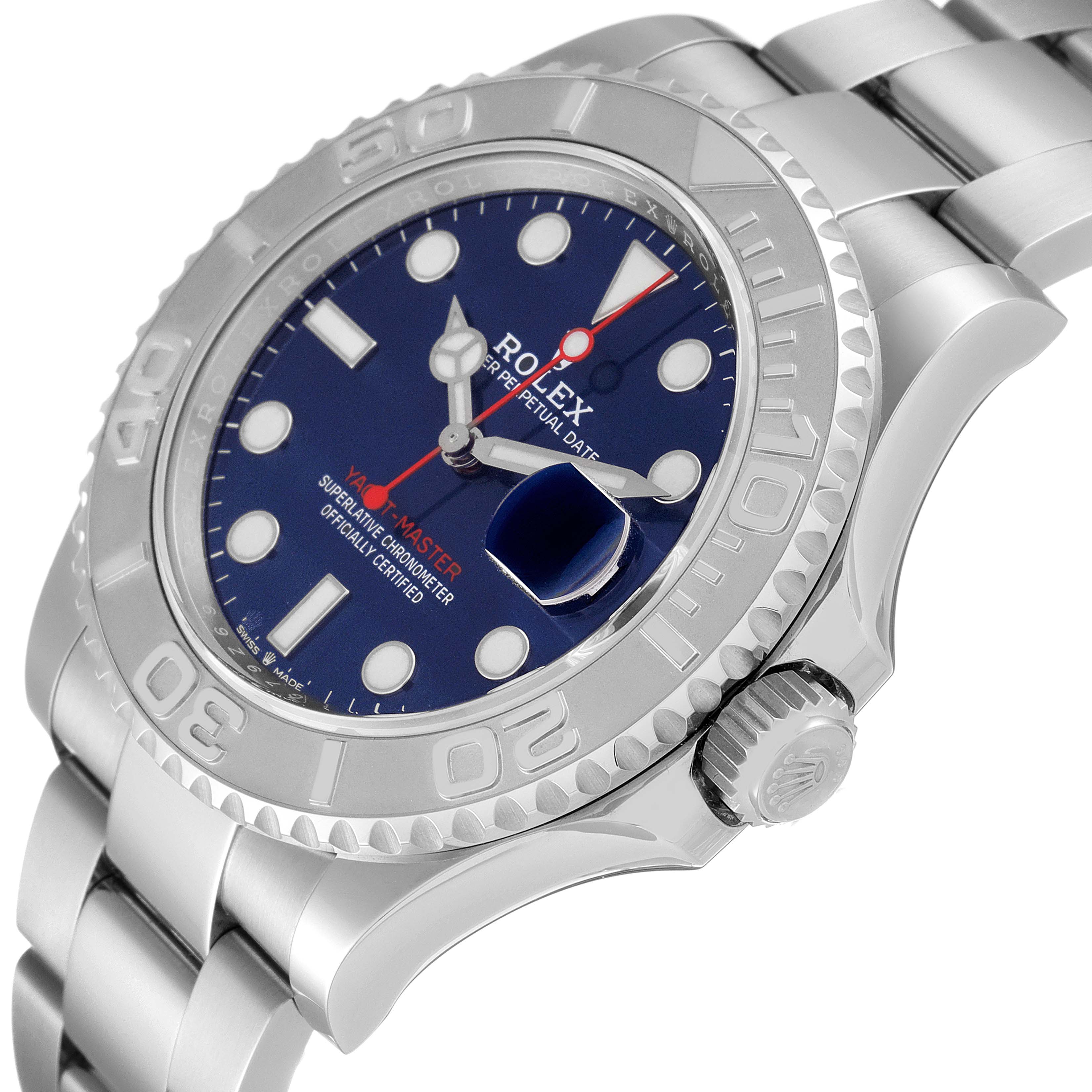 The Rolex Yacht-Master 126622 Men
s Stainless Steel Blue Dial 126622 Men
s Stainless Steel Blue Dial watch is shown at an angle, highlighting its dial, bezel, crown, and bracelet.