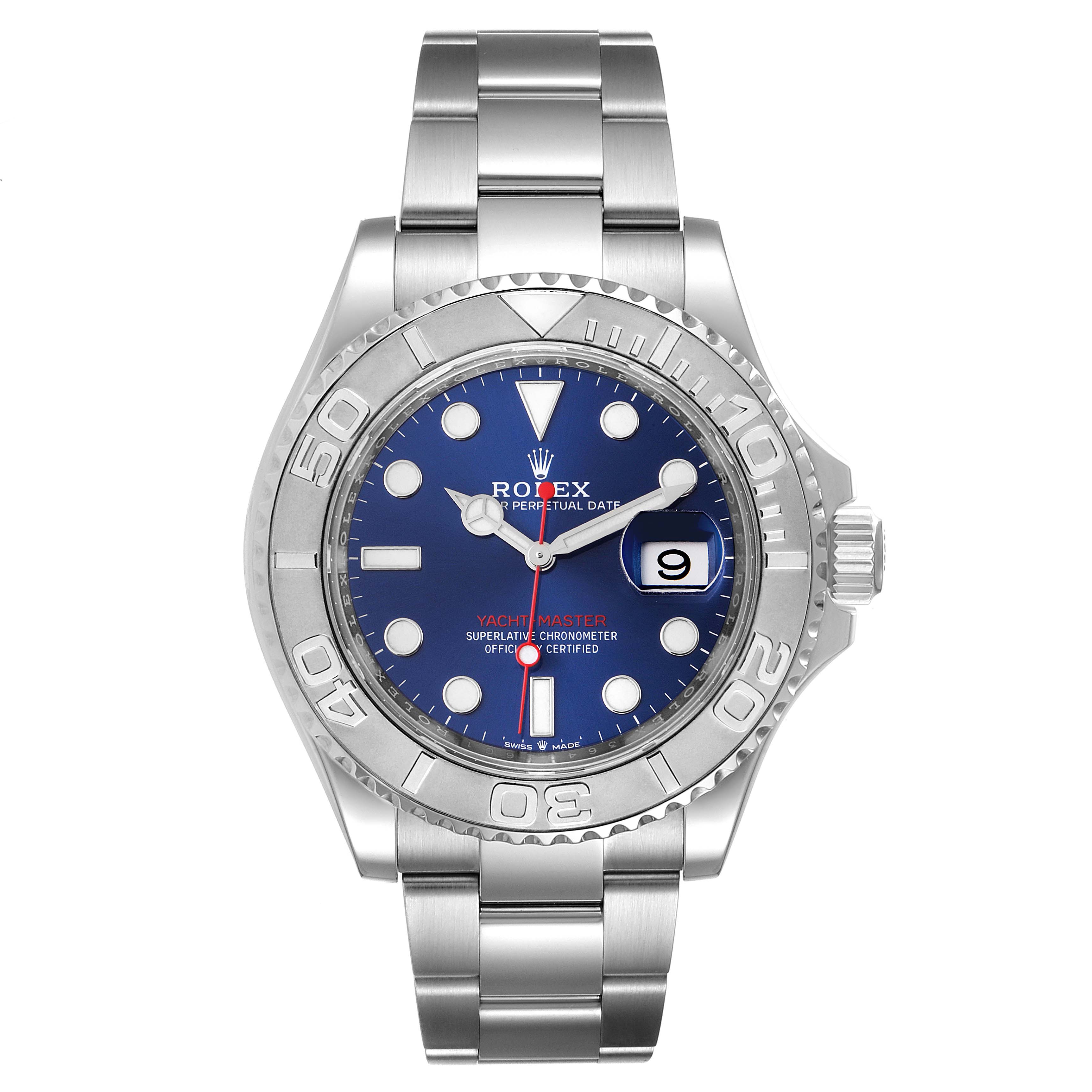 This image shows a Rolex Yacht-Master 126622 Men
s Stainless Steel Blue Dial 126622 Men
s Stainless Steel Blue Dial watch from a front angle, displaying its face, bezel, and stainless steel bracelet.