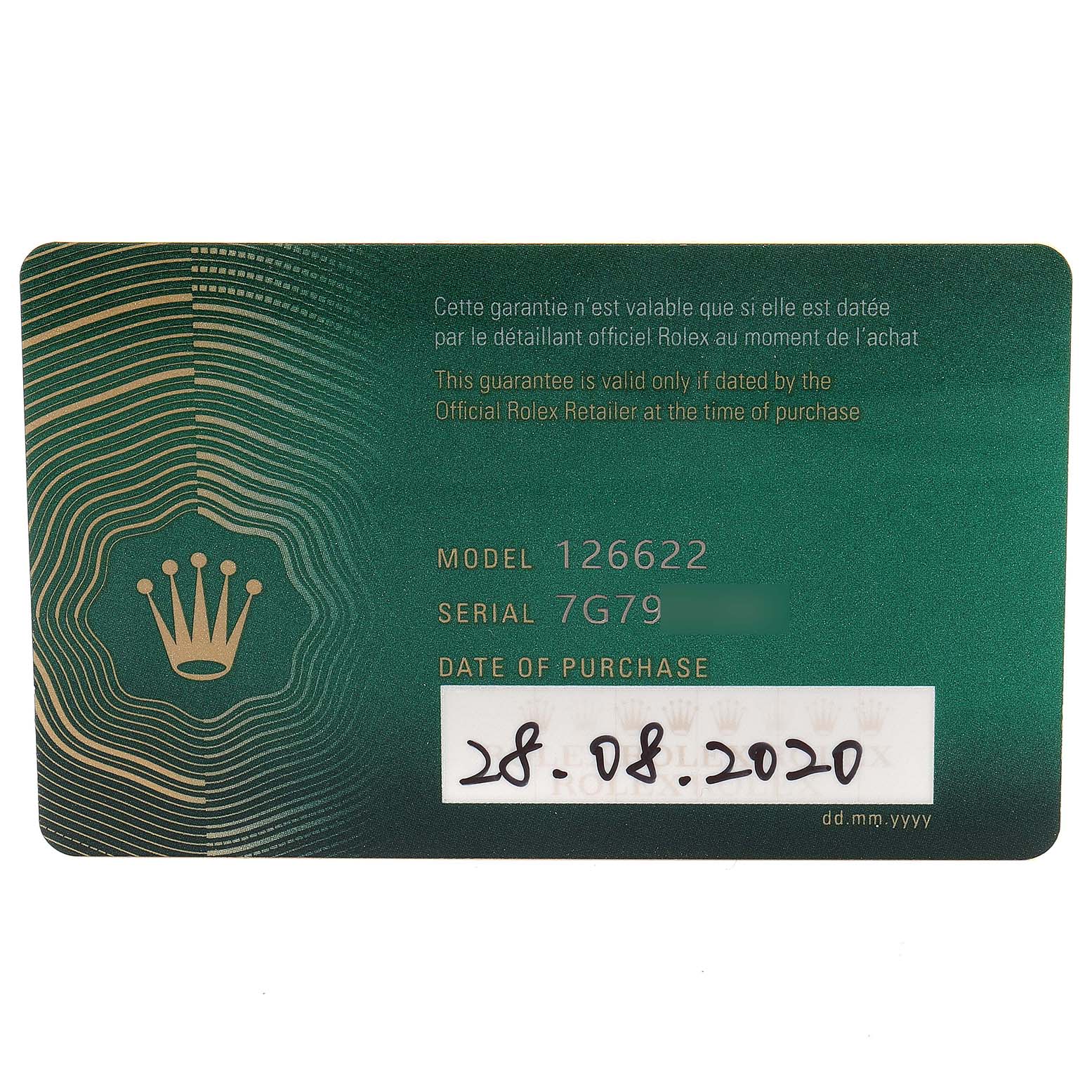 This is a warranty card for the Rolex Yacht-Master 126622 Men
s Stainless Steel Blue Dial 126622 Men
s Stainless Steel Blue Dial model 126622, showing the model, serial number, and purchase date.