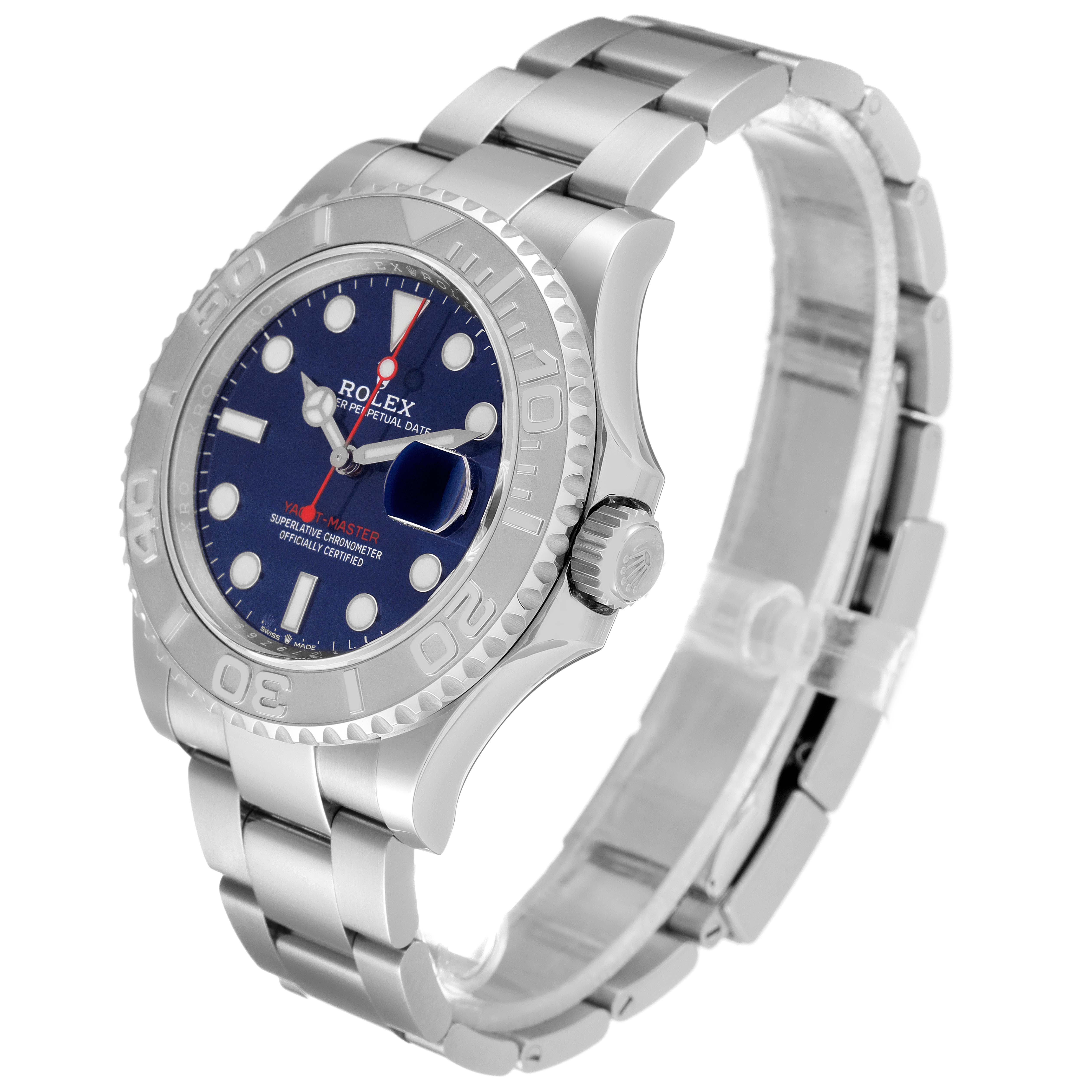 This image shows the Rolex Yacht-Master 126622 Men
s Stainless Steel Blue Dial 126622 Men
s Stainless Steel Blue Dial watch at a three-quarter angle, highlighting its face, bezel, crown, and metal bracelet.