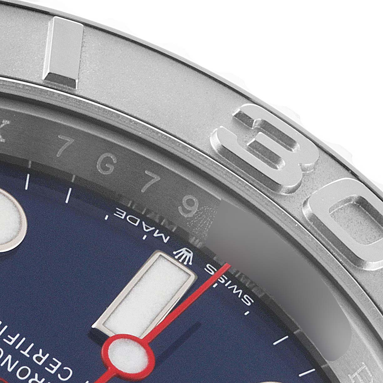 The image shows a close-up of a Rolex Yacht-Master 126622 Men
s Stainless Steel Blue Dial 126622 Men
s Stainless Steel Blue Dial watch, focusing on the bezel, part of the dial, and the red second hand.
