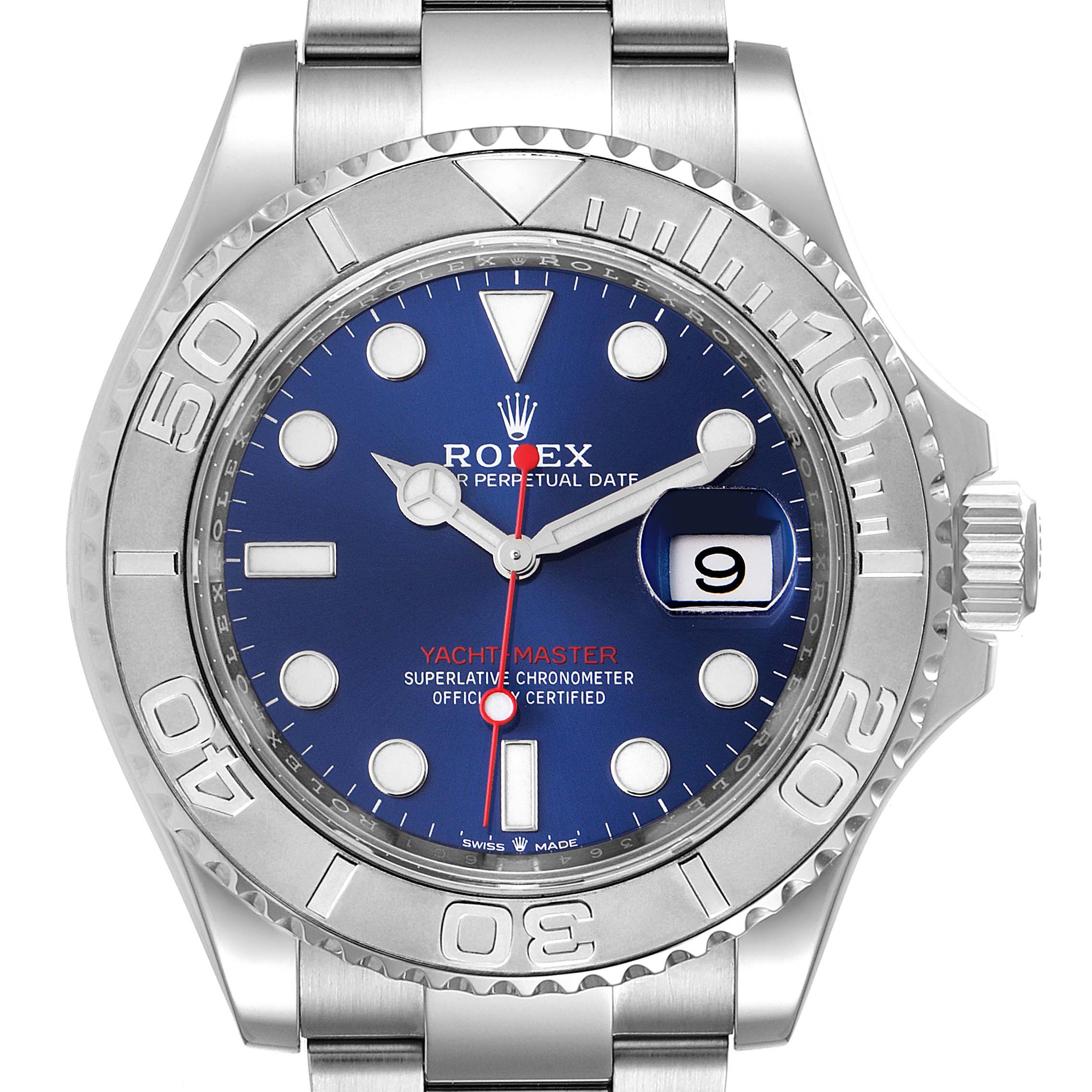 This image shows a front view of the Rolex Yacht-Master 126622 Men
s Stainless Steel Blue Dial 126622 Men
s Stainless Steel Blue Dial watch, highlighting its dial, bezel, and part of its bracelet.