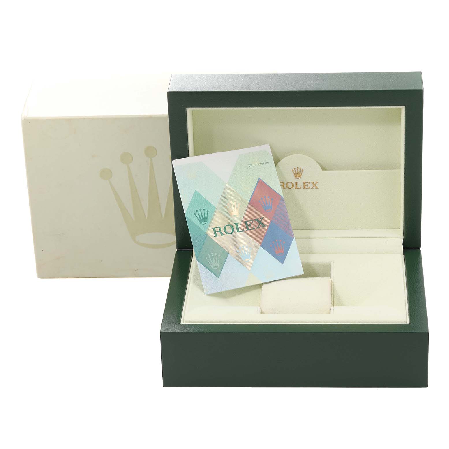 This image shows the open box of a Rolex Yacht-Master 16622 Men's Stainless Steel Silver Dial 16622 Men's Stainless Steel Silver Dial watch, including the warranty card holder and the green outer box.