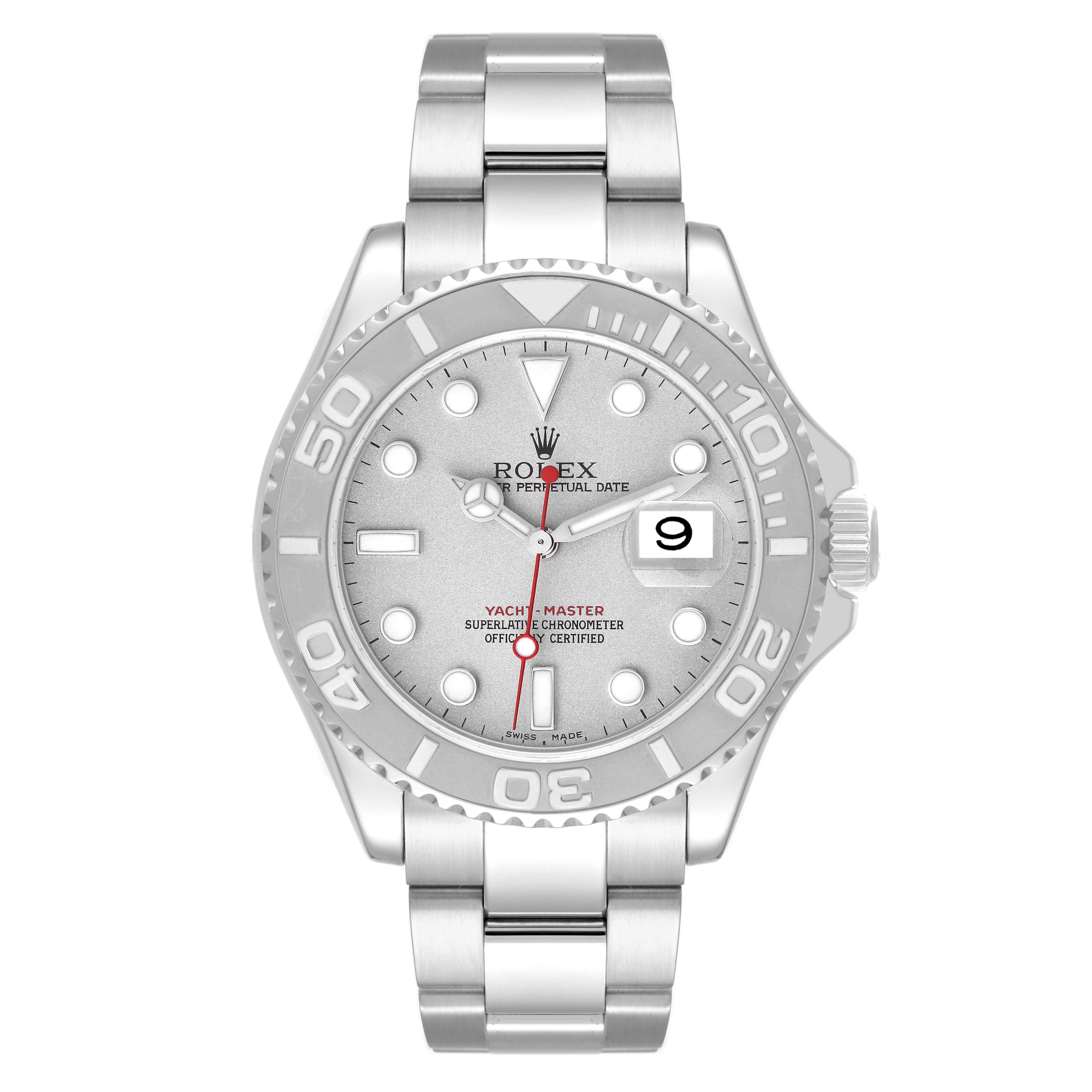 The image shows a front view of the Rolex Yacht-Master 16622 Men's Stainless Steel Silver Dial 16622 Men's Stainless Steel Silver Dial watch, highlighting the face, bezel, strap, and date display.