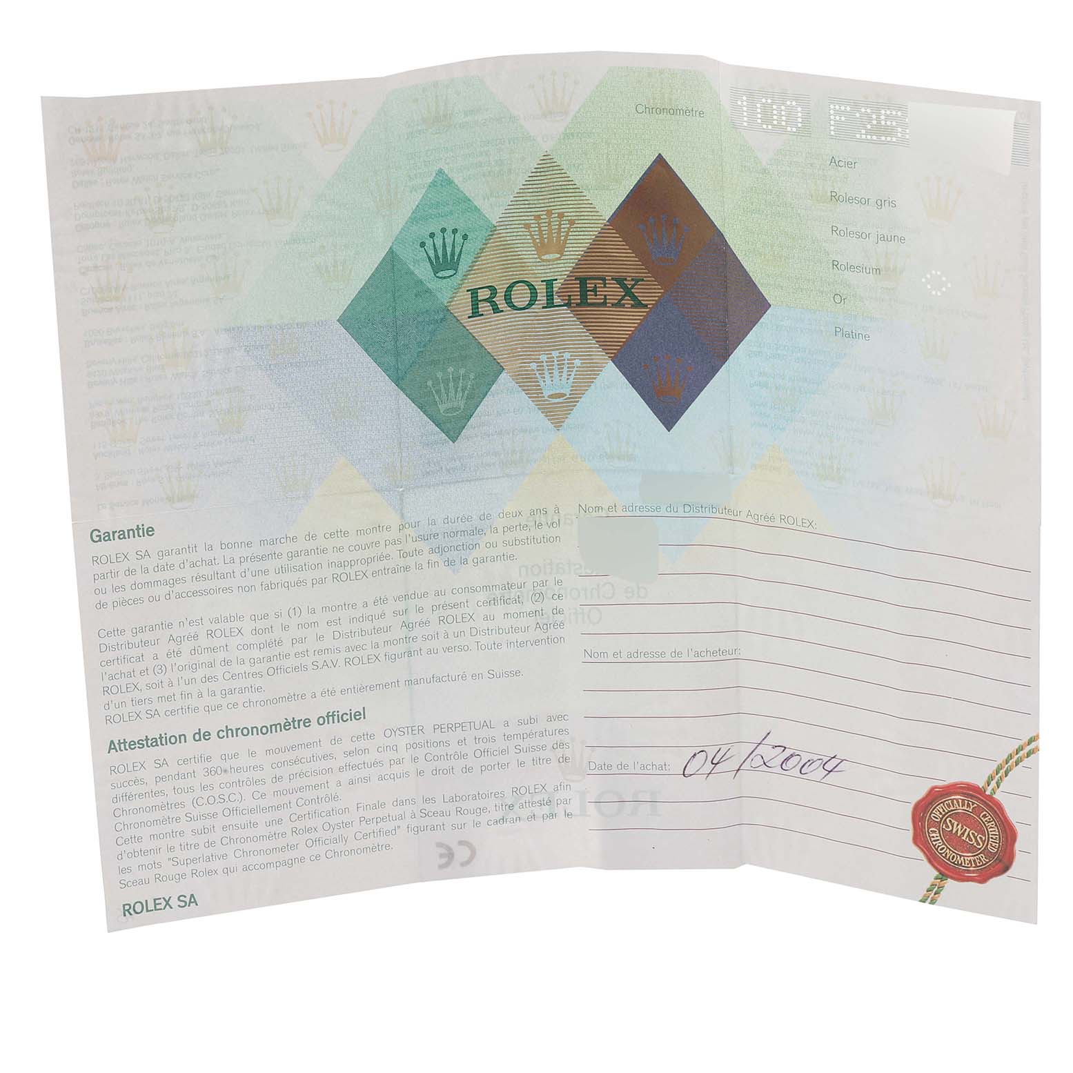 This image shows the warranty certificate for a Rolex Yacht-Master 16622 Men's Stainless Steel Silver Dial 16622 Men's Stainless Steel Silver Dial watch, detailing guarantees and proof of authenticity.