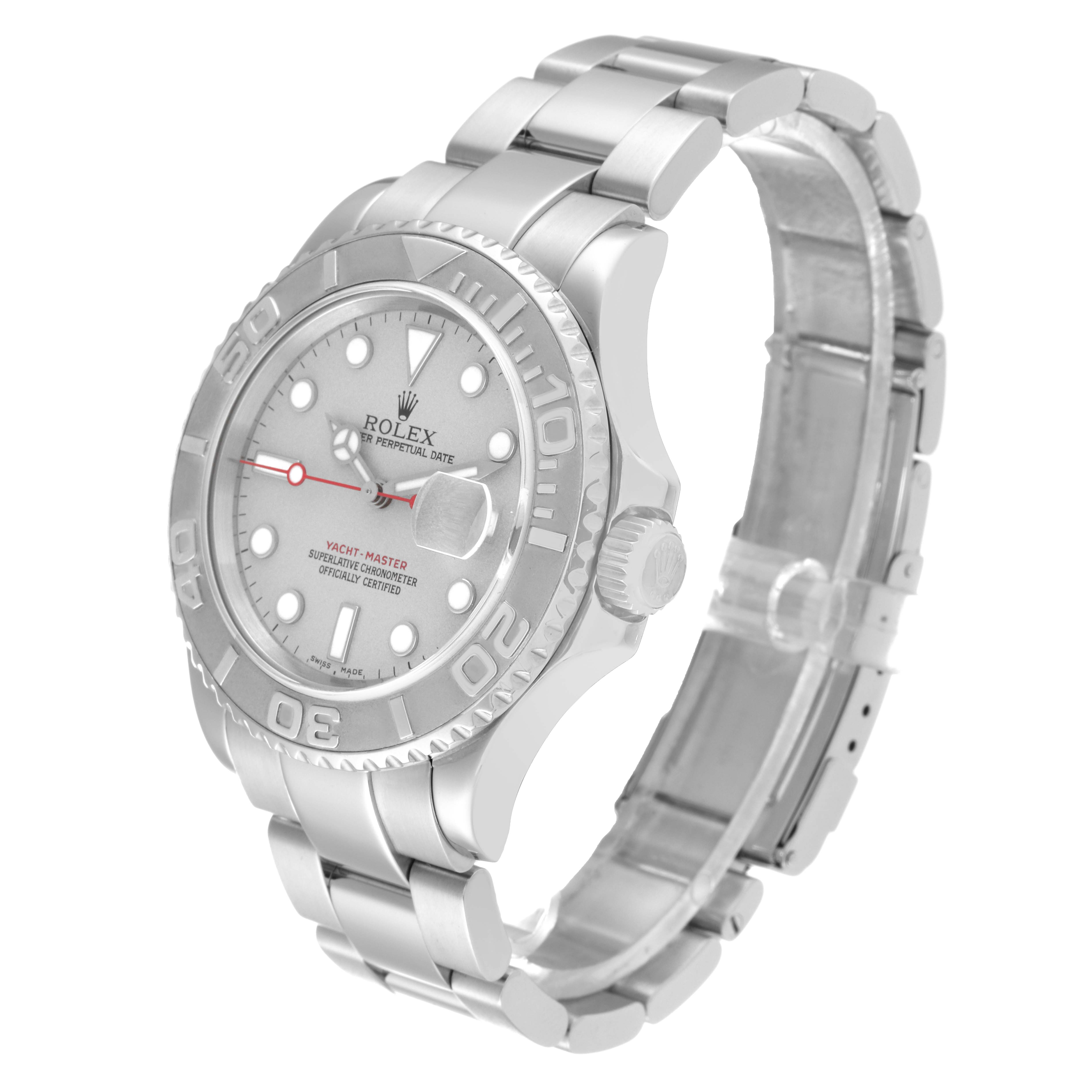 The Rolex Yacht-Master 16622 Men's Stainless Steel Silver Dial 16622 Men's Stainless Steel Silver Dial watch is shown from a three-quarter angle, displaying the face, bezel, crown, and bracelet.