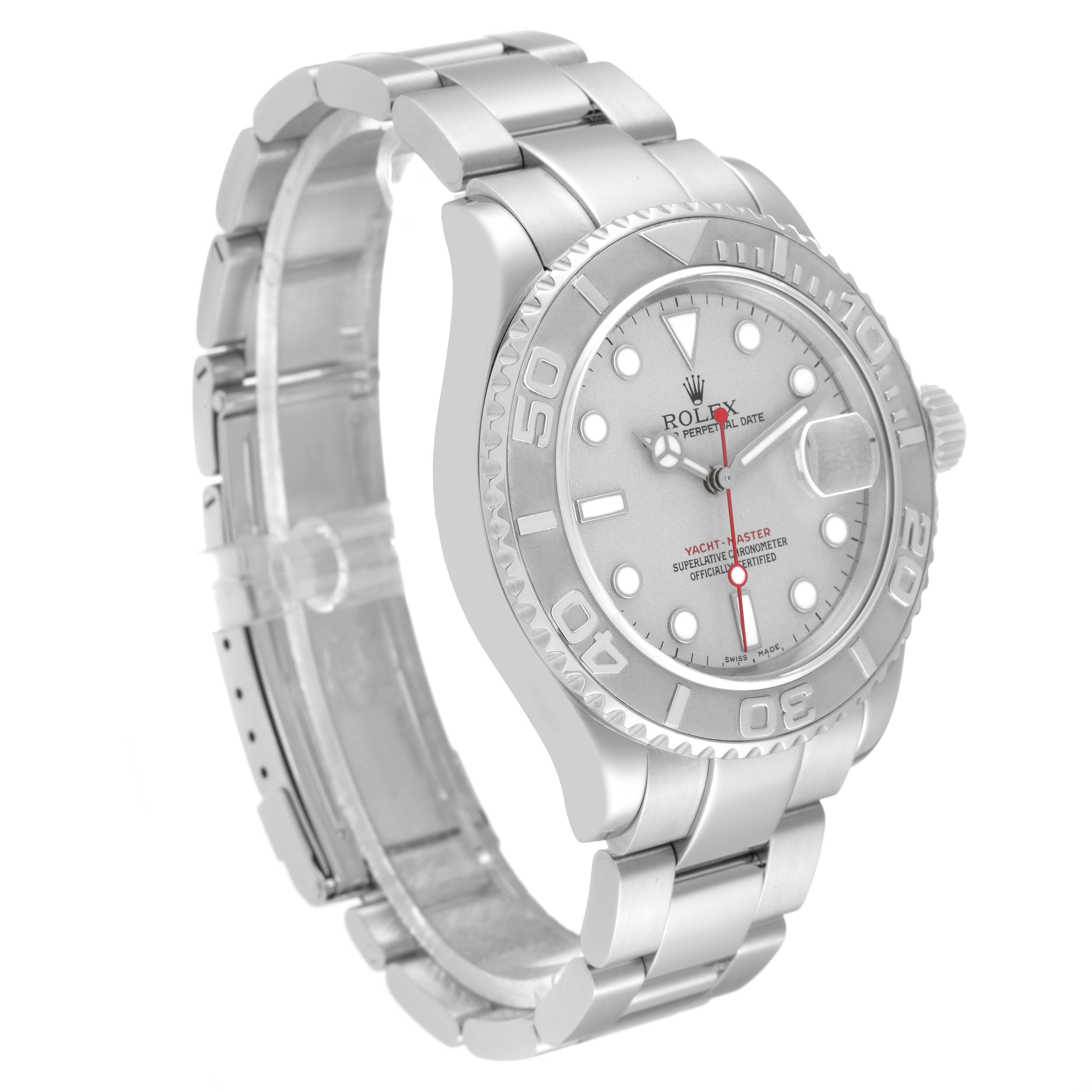 The image shows a Rolex Yacht-Master 16622 Men's Stainless Steel Silver Dial 16622 Men's Stainless Steel Silver Dial watch from a front and slightly angled side view, highlighting the face, bezel, and bracelet.