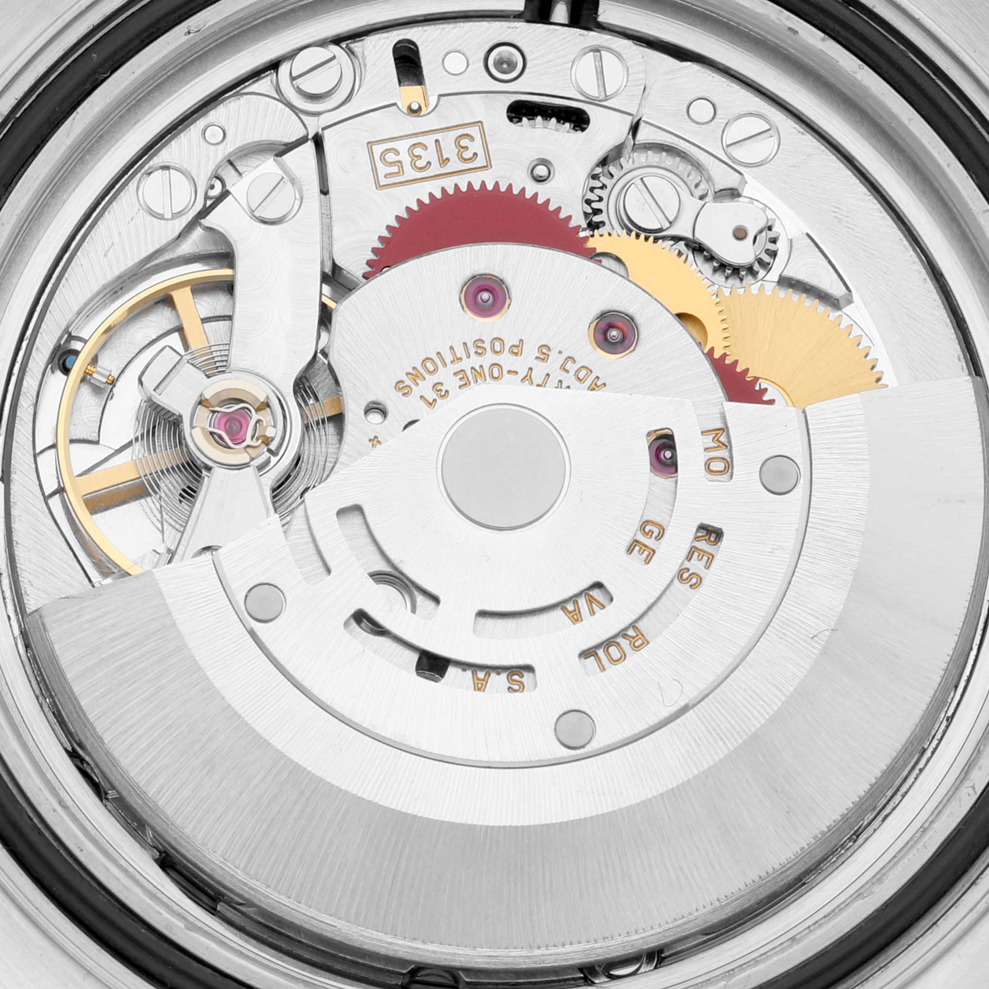 This is a close-up view of the movement mechanism inside a Rolex Yacht-Master 16622 Men's Stainless Steel Silver Dial 16622 Men's Stainless Steel Silver Dial watch.