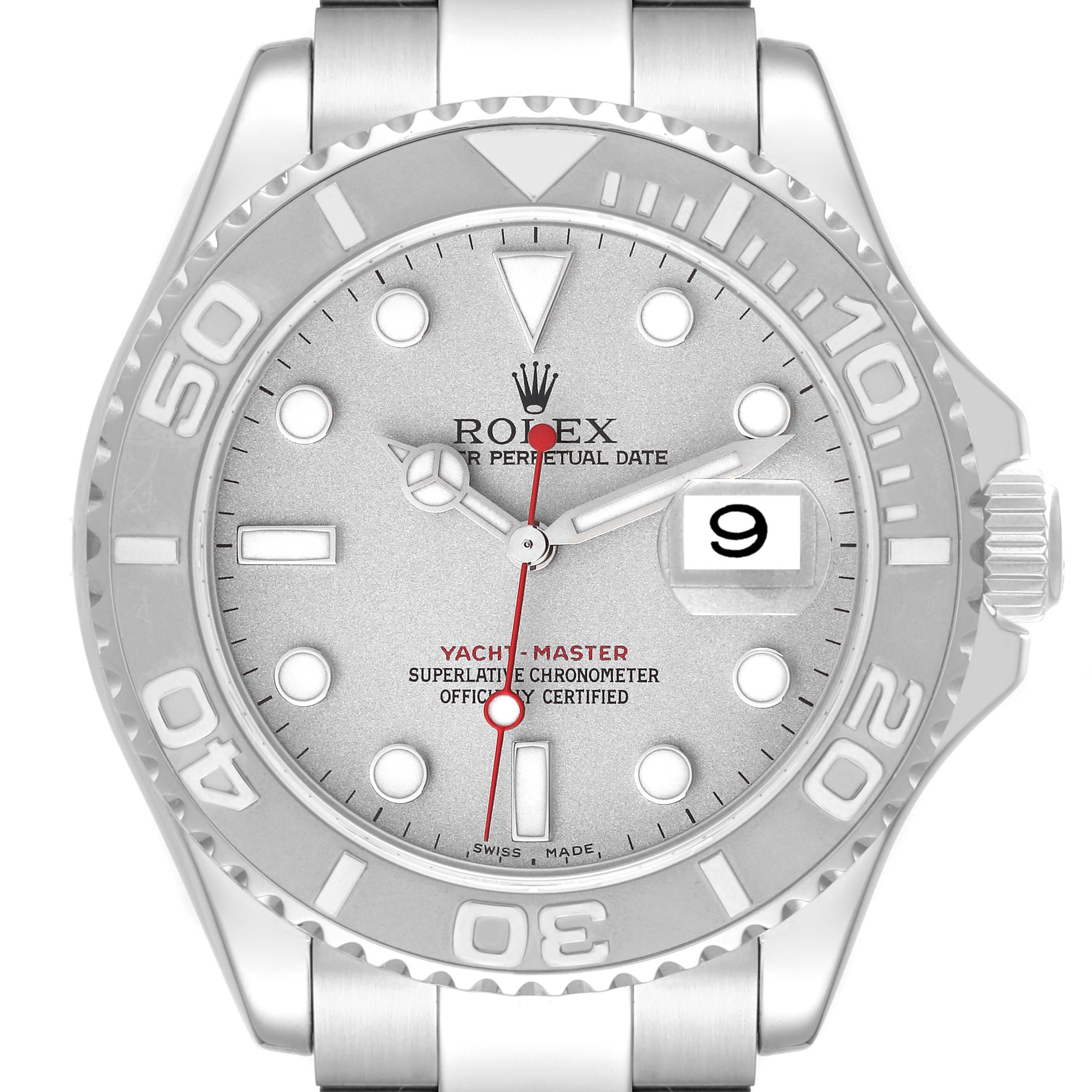 The image shows a frontal view of the Rolex Yacht-Master 16622 Men's Stainless Steel Silver Dial 16622 Men's Stainless Steel Silver Dial watch, highlighting its dial, bezel, and part of the bracelet.