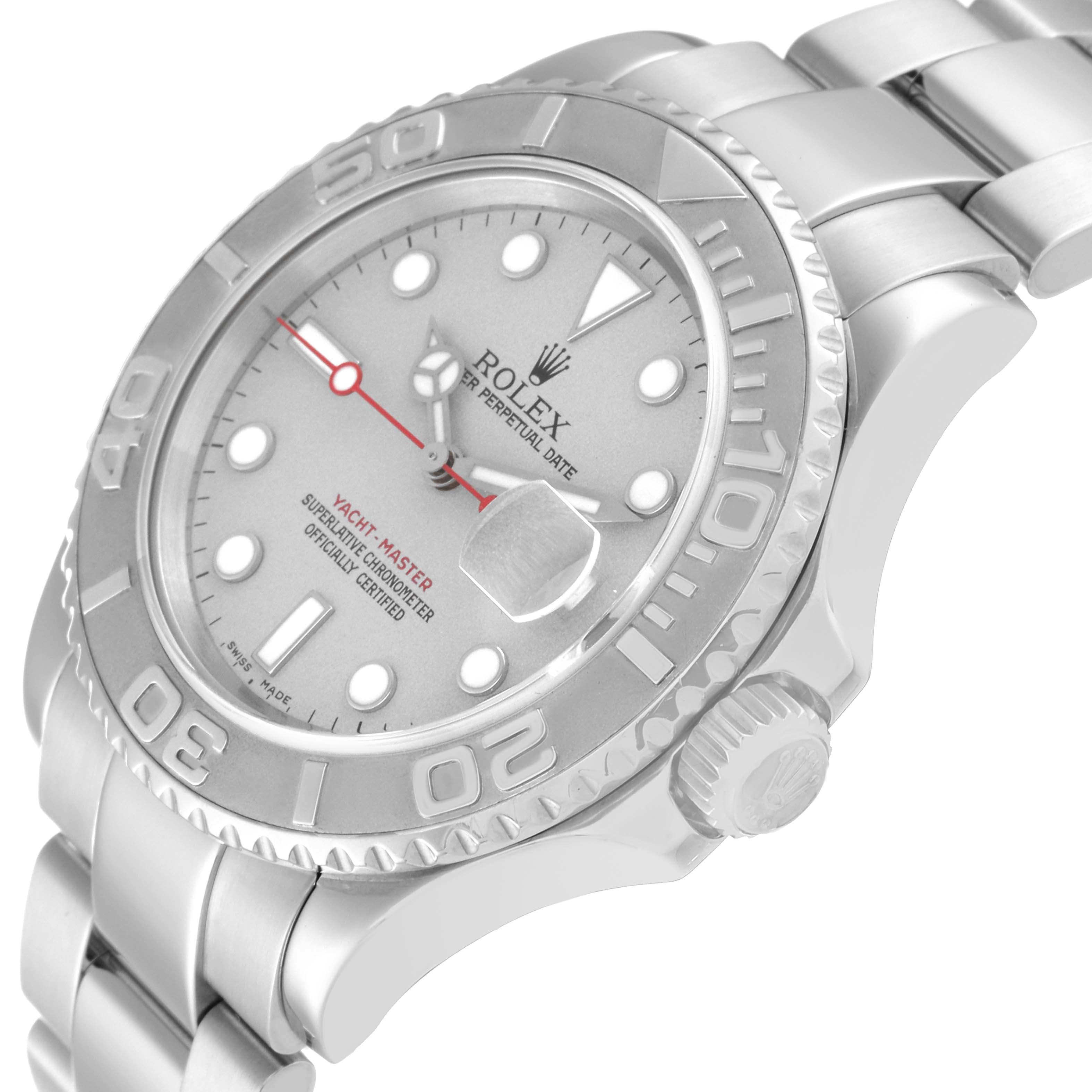 This Rolex Yacht-Master 16622 Men's Stainless Steel Silver Dial 16622 Men's Stainless Steel Silver Dial watch is shown at an angled close-up, displaying its face, bezel, crown, and part of the bracelet.