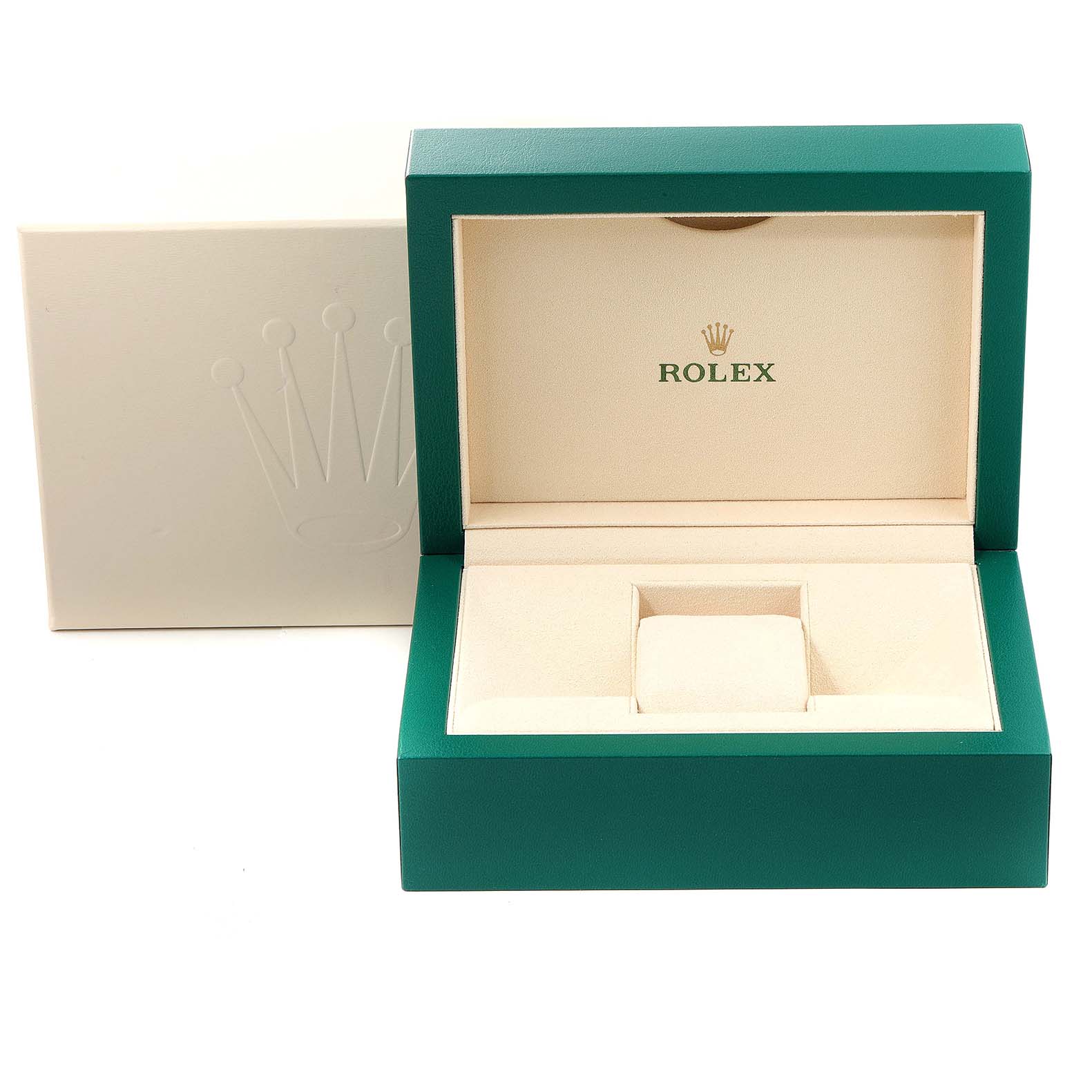 The image shows an empty Rolex Yacht-Master 116622 Men's Stainless Steel Grey Dial 116622 Men's Stainless Steel Grey Dial watch box, open with the green exterior and beige interior on display.