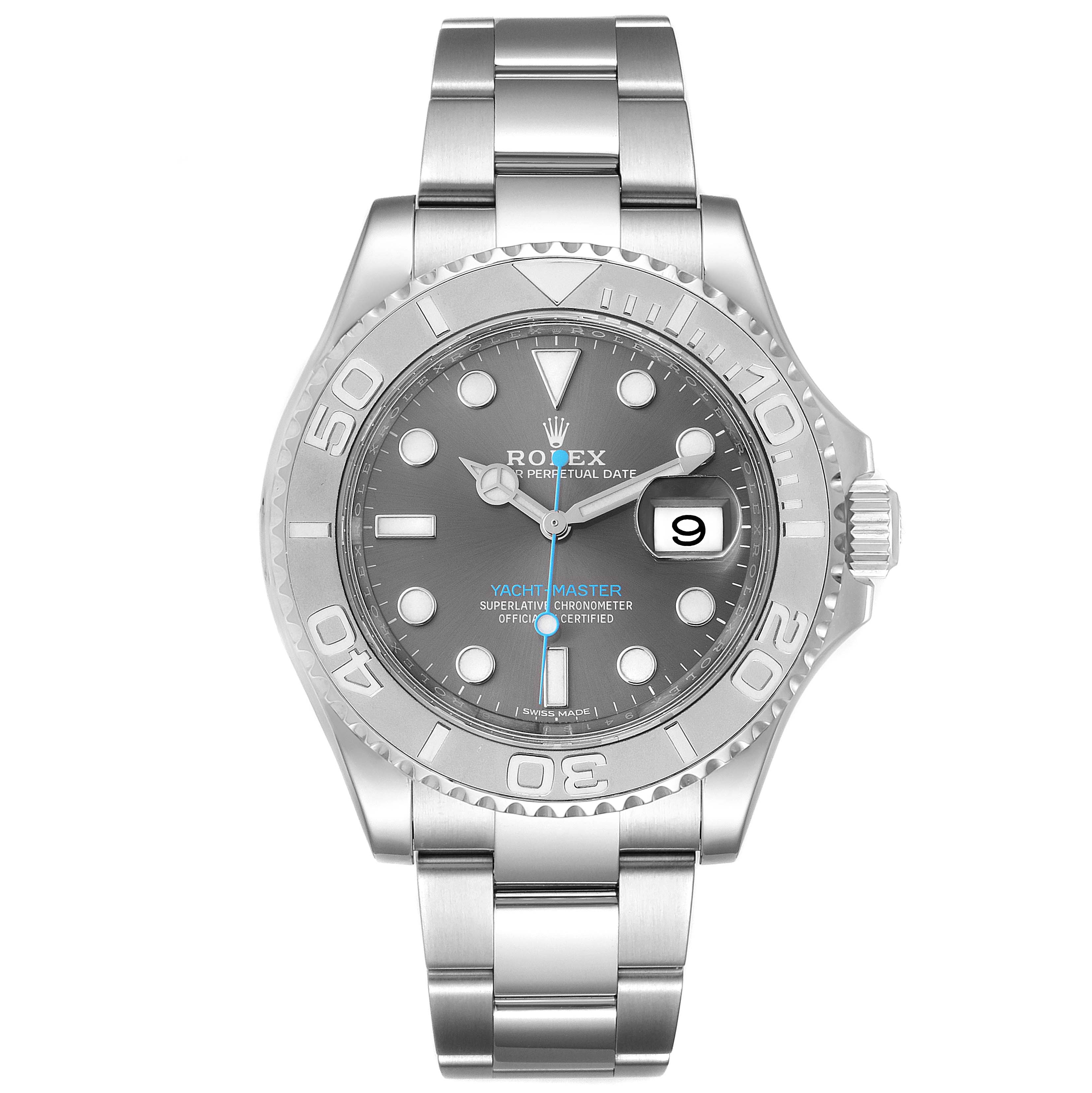 The image shows a frontal view of a Rolex Yacht-Master 116622 Men's Stainless Steel Grey Dial 116622 Men's Stainless Steel Grey Dial watch, displaying the face, bezel, and bracelet.