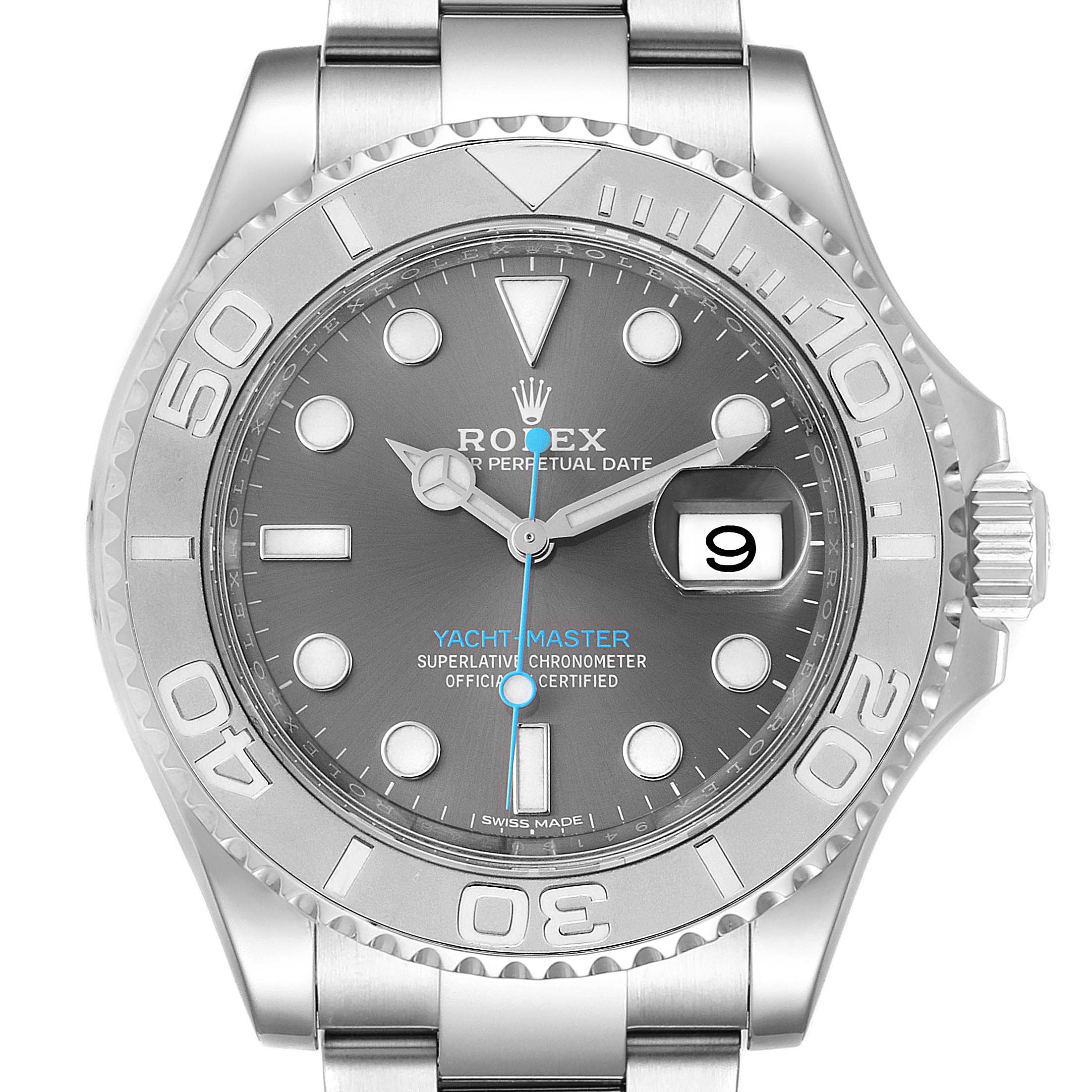 The image shows a front view of the Yacht-Master model by Rolex, highlighting the dial, bezel, and bracelet.