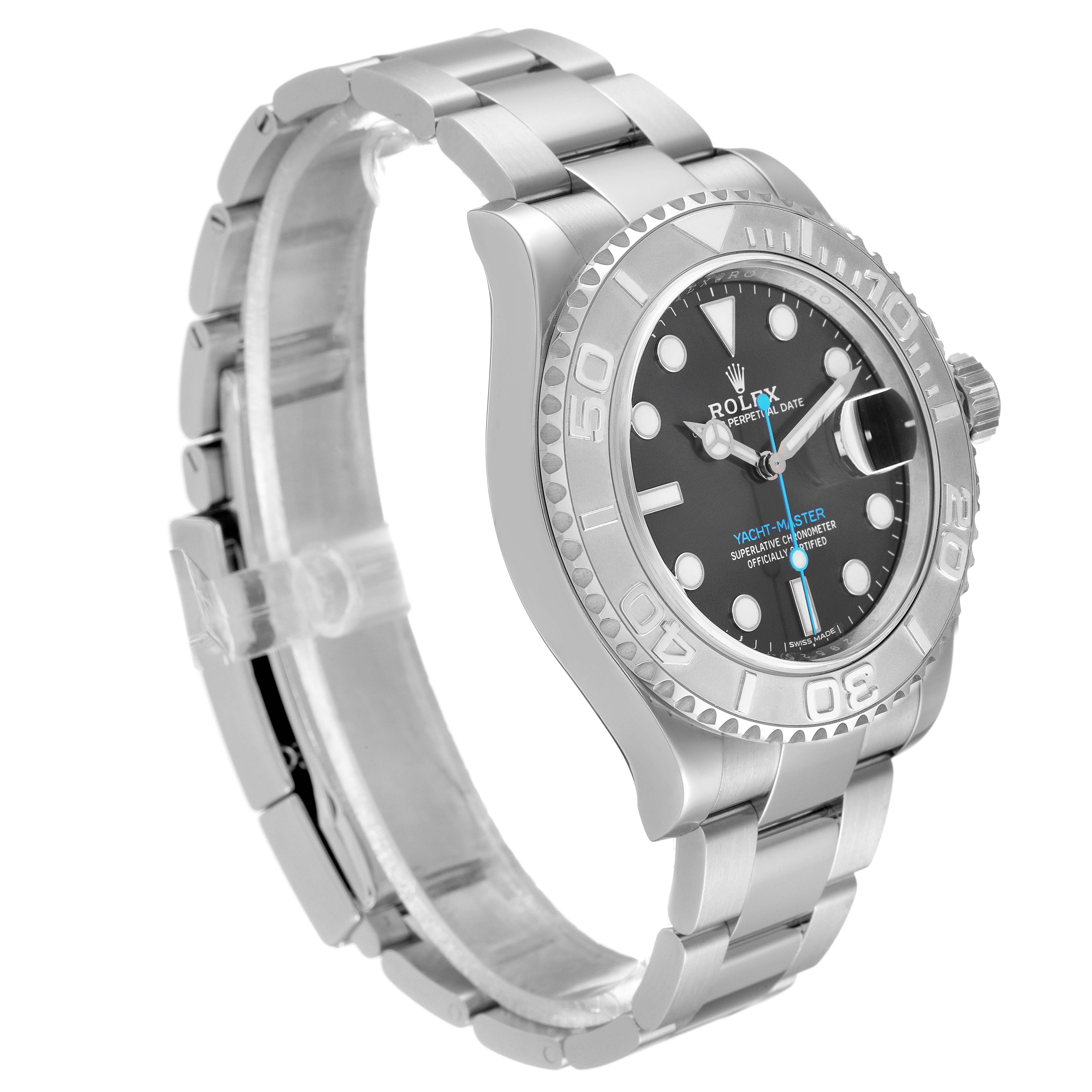 The image shows a side angle of the Rolex Yacht-Master 116622 Men's Stainless Steel Grey Dial 116622 Men's Stainless Steel Grey Dial watch, highlighting its case, bezel, bracelet, and dial.