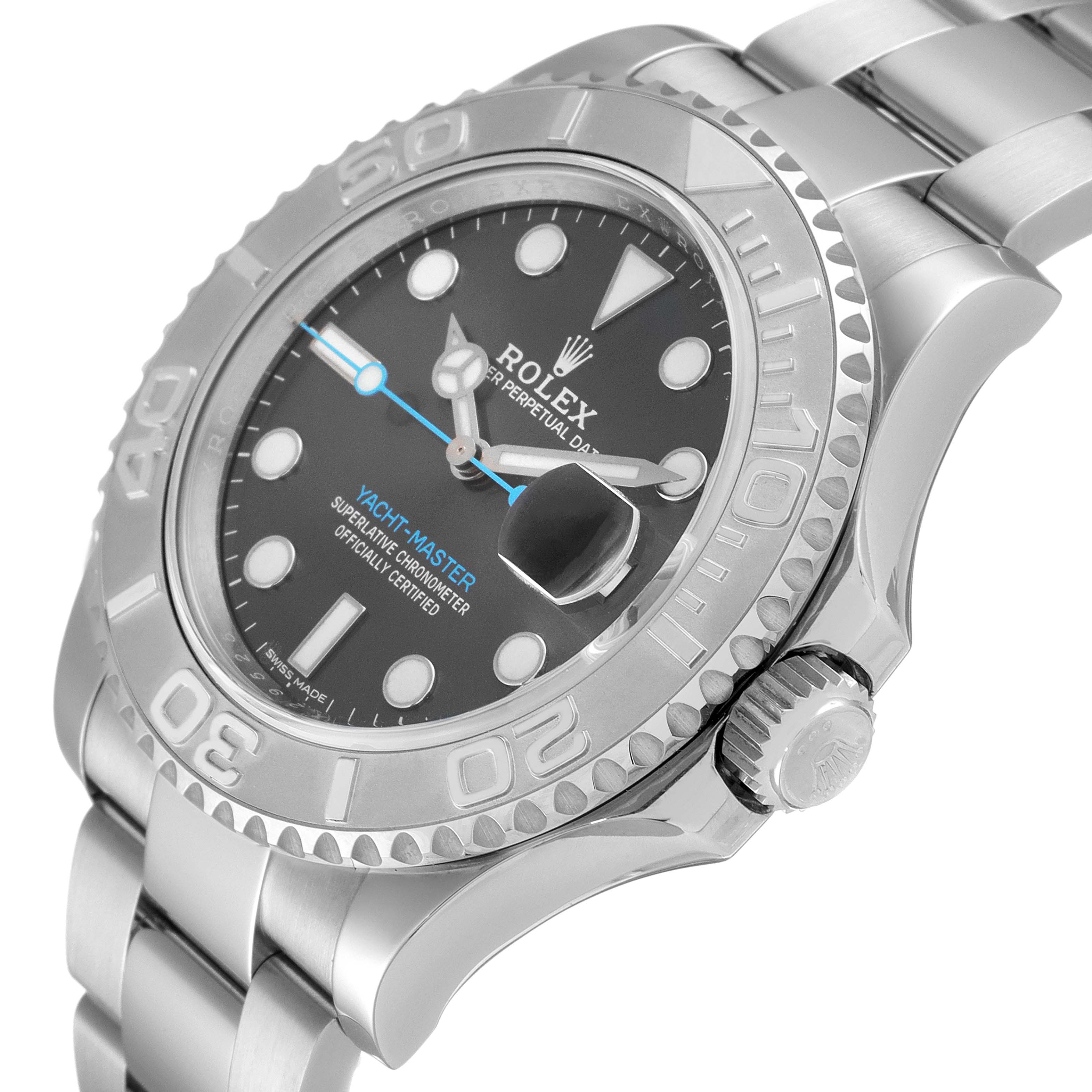 The image shows a Rolex Yacht-Master 116622 Men's Stainless Steel Grey Dial 116622 Men's Stainless Steel Grey Dial watch from an angled close-up, highlighting the dial, bezel, and part of the bracelet.