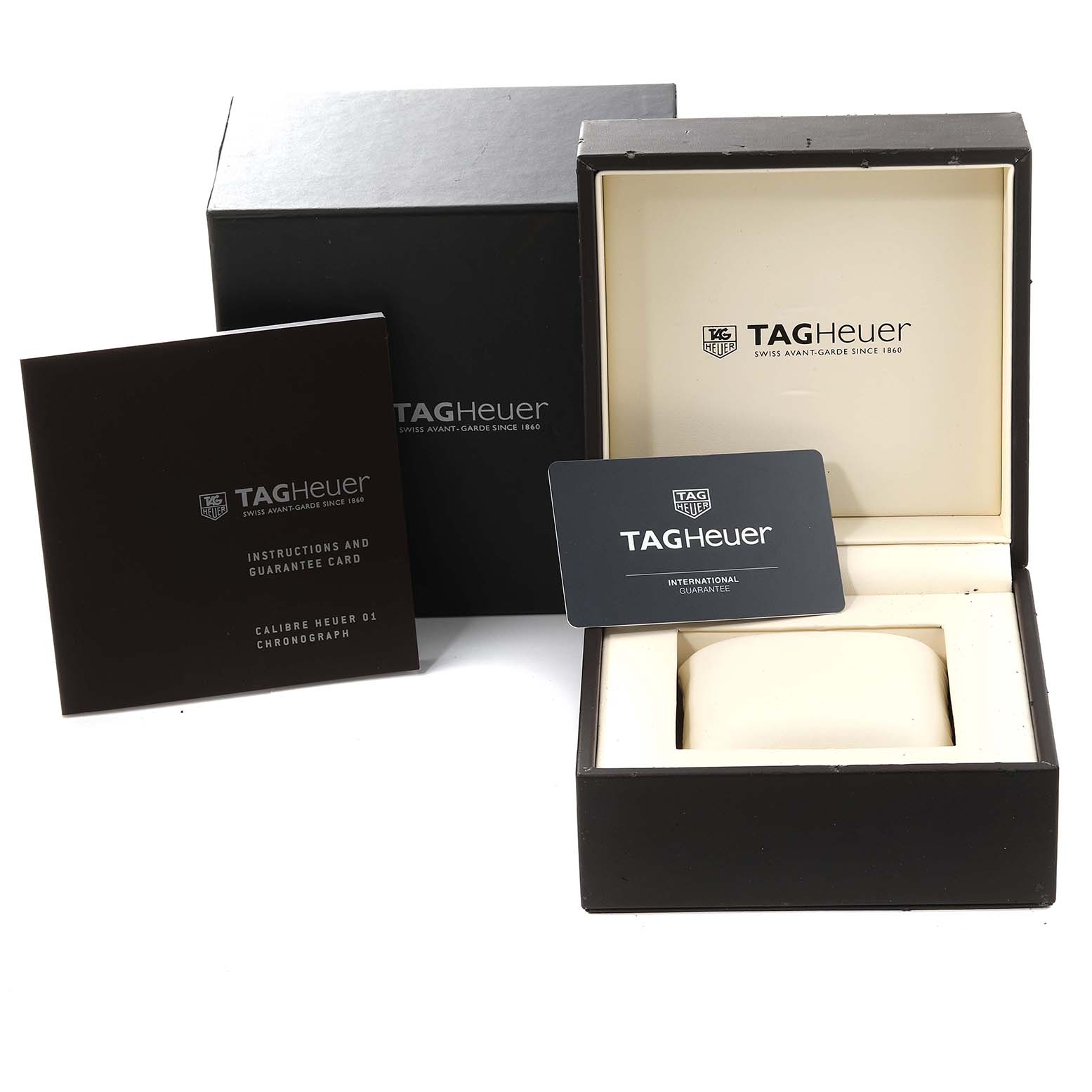 The image shows the box, guarantee card, and manual for the Tag Heuer Carrera CAR2A90.FT6071 Men's Ceramic Black Dial CAR2A90.FT6071 Men's Ceramic Black Dial watch model.