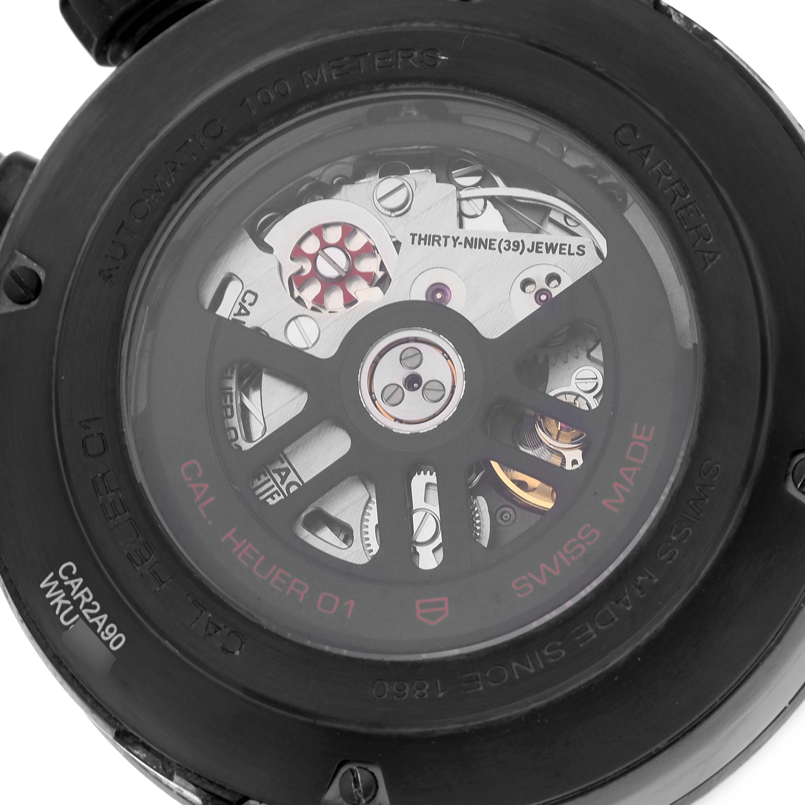 The image shows the back view of the Tag Heuer Carrera CAR2A90.FT6071 Men's Ceramic Black Dial CAR2A90.FT6071 Men's Ceramic Black Dial model, highlighting its automatic movement and intricate mechanics.