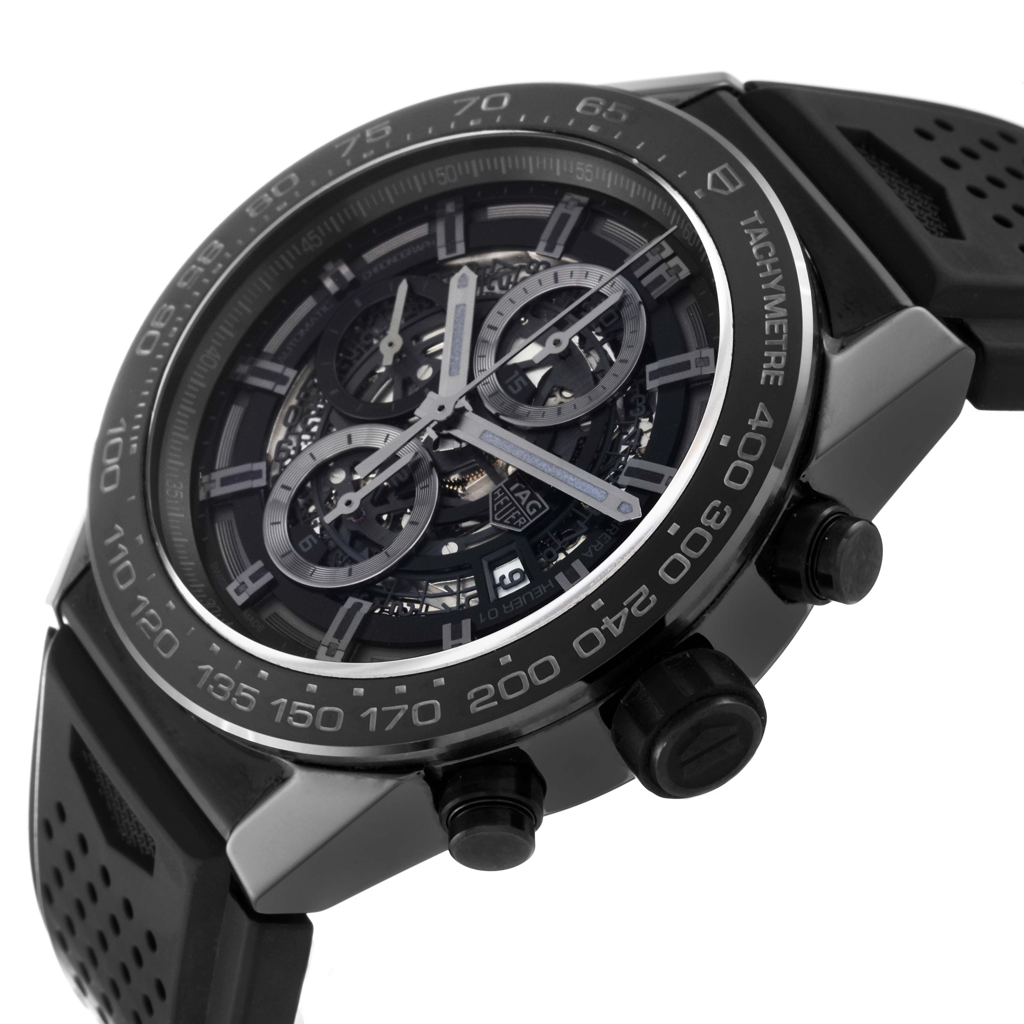 The image shows a Tag Heuer Carrera CAR2A90.FT6071 Men's Ceramic Black Dial CAR2A90.FT6071 Men's Ceramic Black Dial watch at a slight angle, highlighting the face, chronograph dials, and tachymeter bezel.