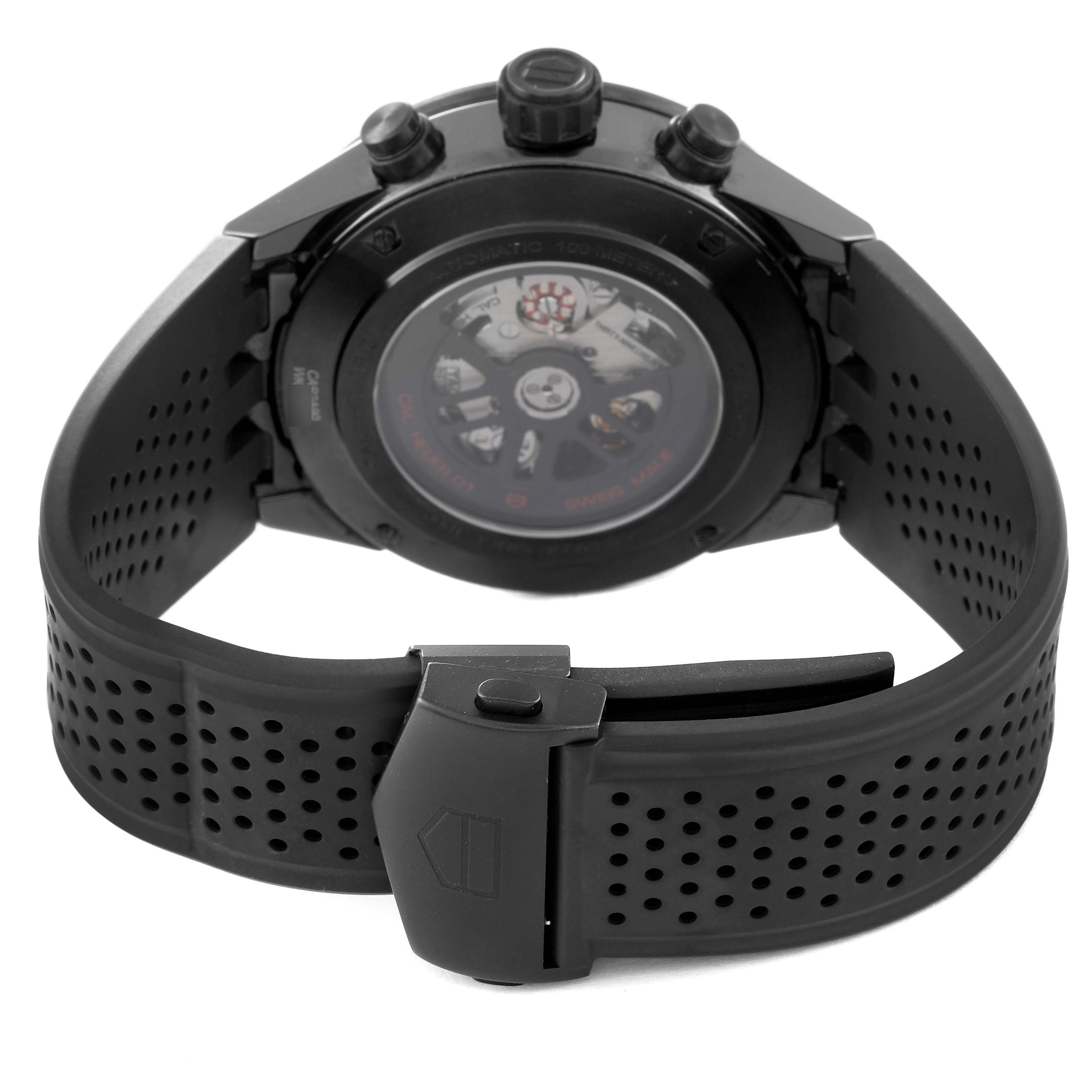 The image shows the back view of the Tag Heuer Carrera CAR2A90.FT6071 Men's Ceramic Black Dial CAR2A90.FT6071 Men's Ceramic Black Dial watch, highlighting the strap, clasp, and back case.