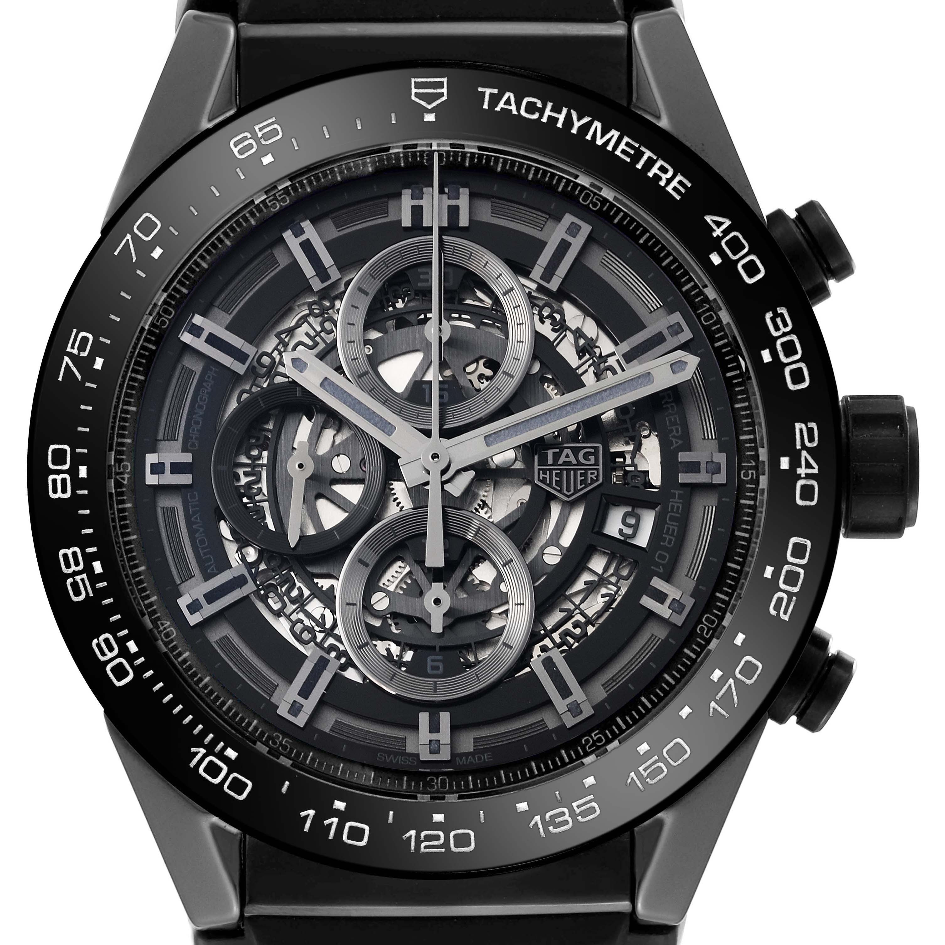 The image shows the dial and bezel with tachymeter of a Tag Heuer Carrera CAR2A90.FT6071 Men's Ceramic Black Dial CAR2A90.FT6071 Men's Ceramic Black Dial watch, captured from a front angle.