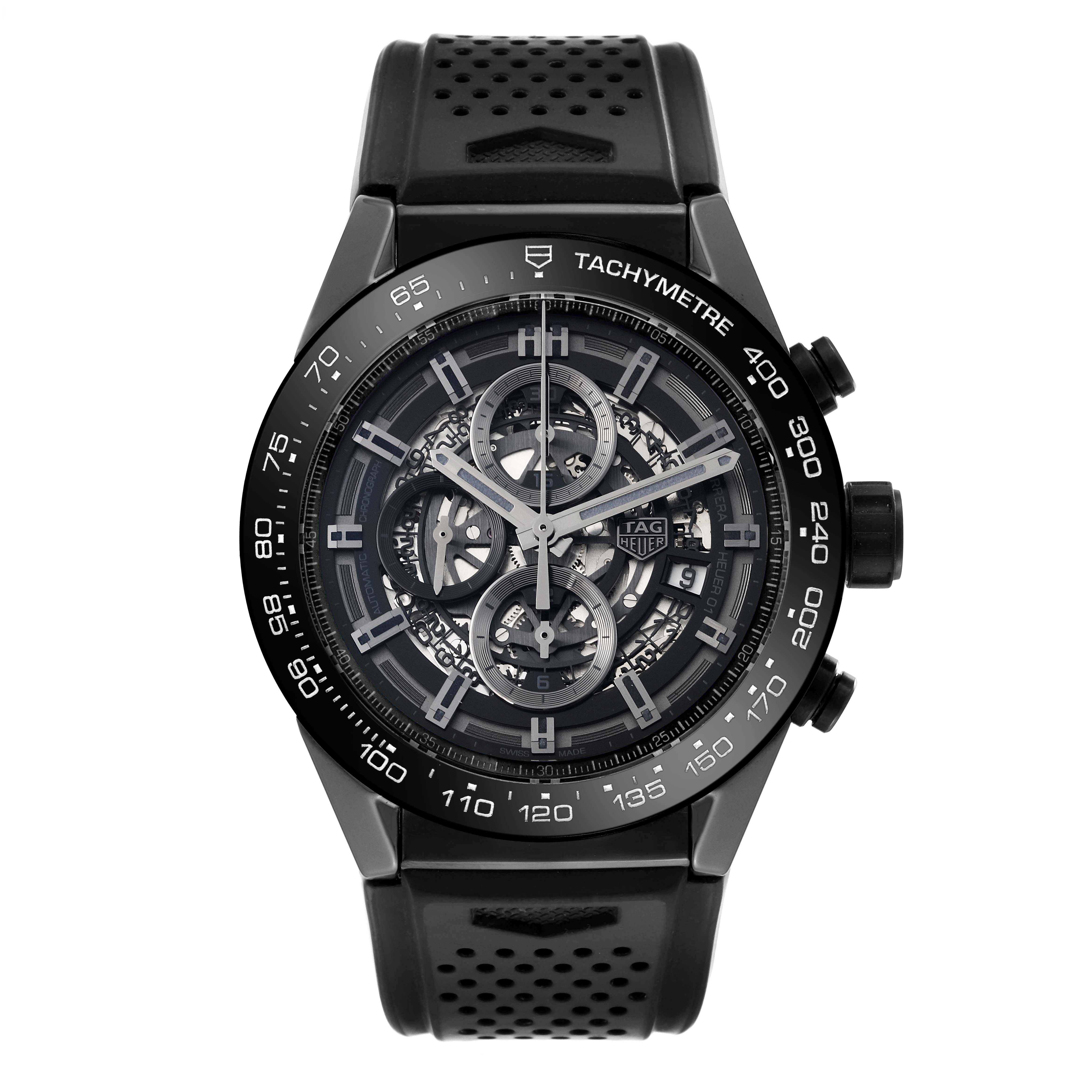 The image shows a front view of a Tag Heuer Carrera CAR2A90.FT6071 Men's Ceramic Black Dial CAR2A90.FT6071 Men's Ceramic Black Dial watch, highlighting its dial, tachymeter bezel, and perforated strap.