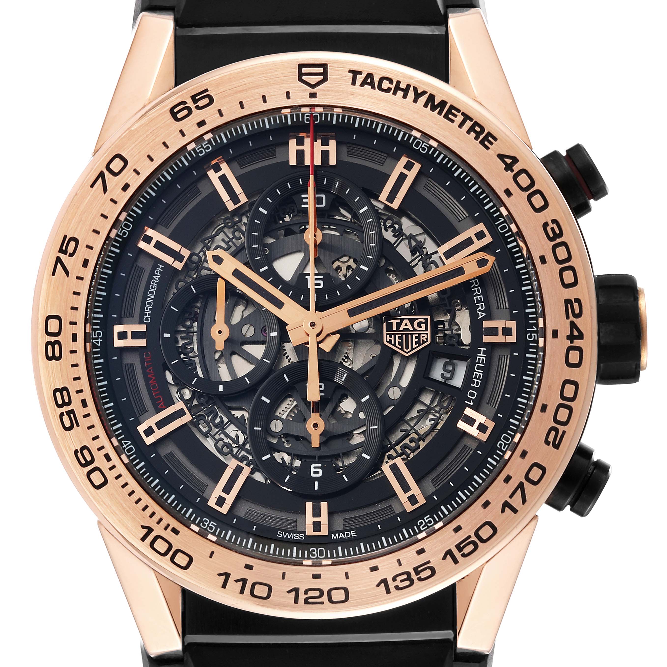 The image shows a close-up frontal view of the Tag Heuer Carrera CAR2A5B Men's Titanium Black Dial CAR2A5B Men's Titanium Black Dial watch, highlighting its intricate dial and tachymeter bezel.