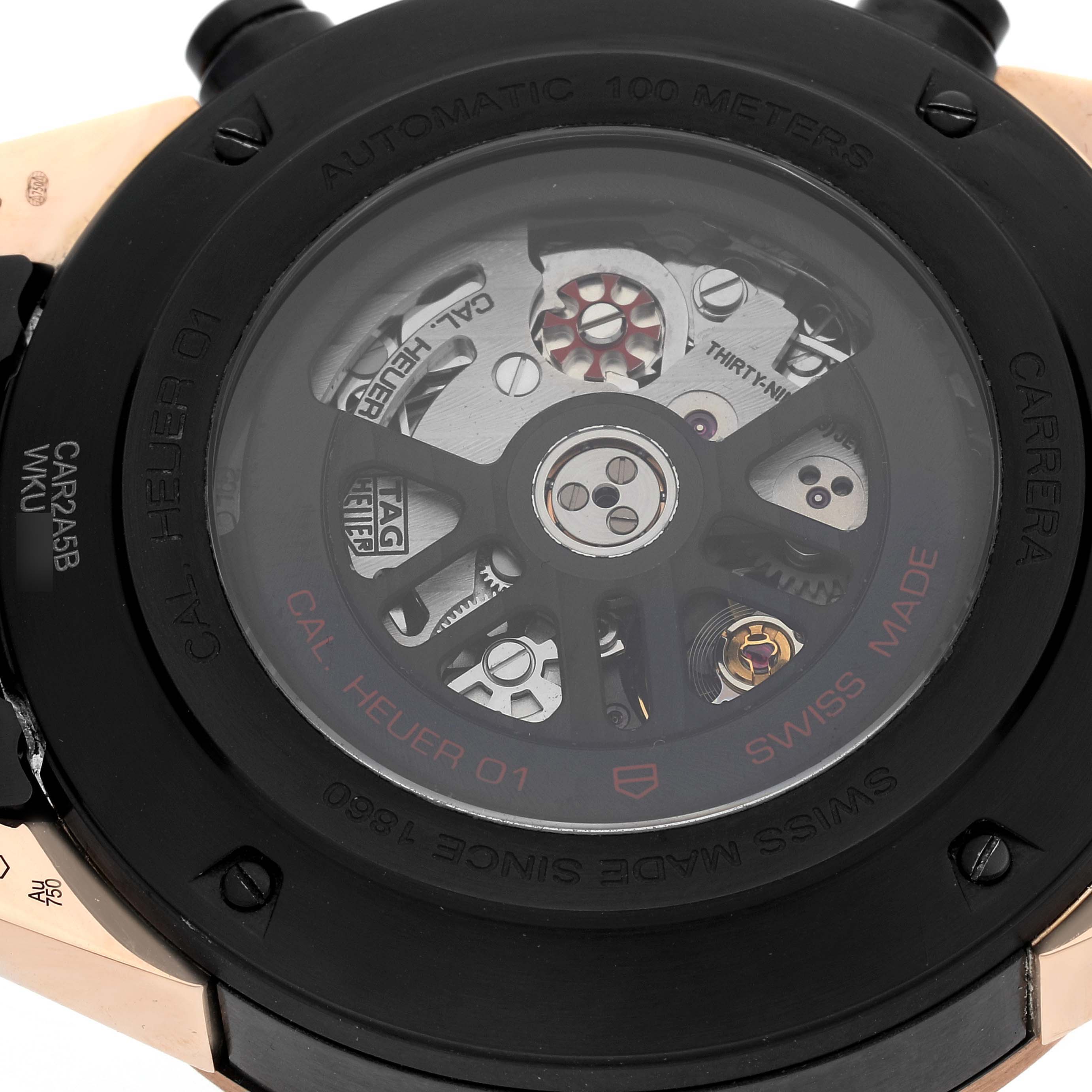 The image shows the back of a Tag Heuer Carrera CAR2A5B Men's Titanium Black Dial CAR2A5B Men's Titanium Black Dial watch, highlighting the automatic movement and inner mechanisms.