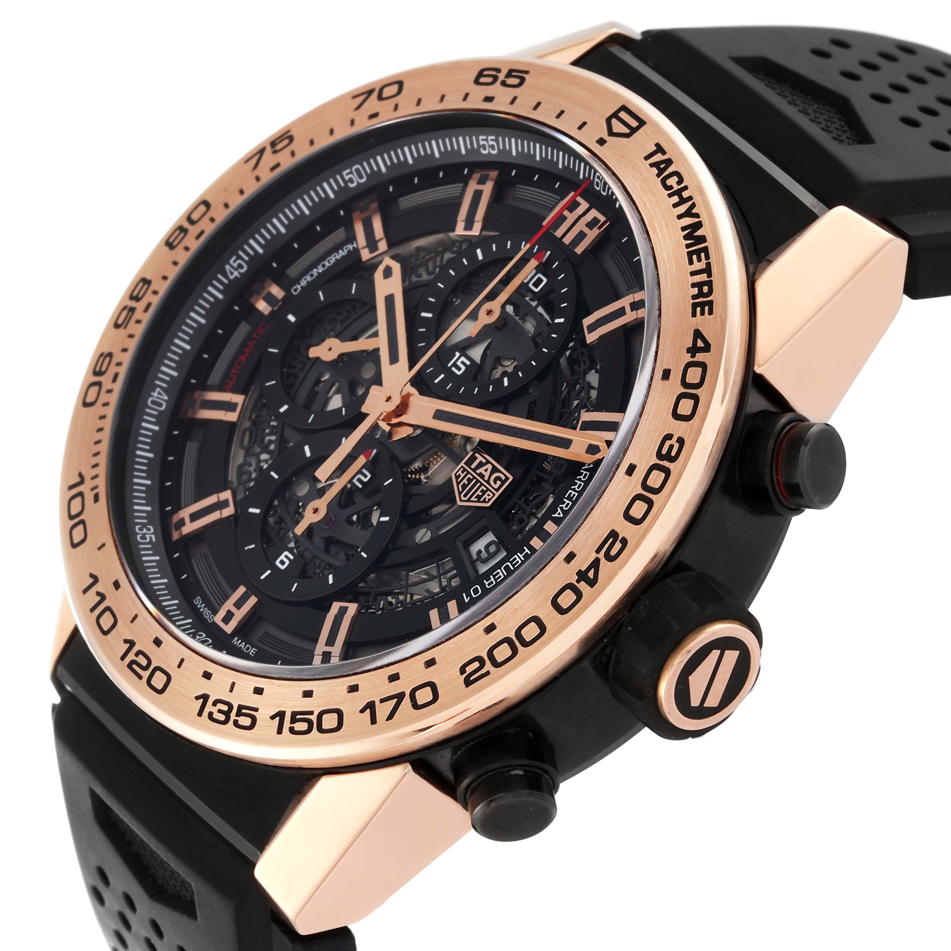 The image shows a close-up, angled view of the Tag Heuer Carrera CAR2A5B Men's Titanium Black Dial CAR2A5B Men's Titanium Black Dial watch, highlighting the dial, chronograph subdials, and tachymeter bezel.