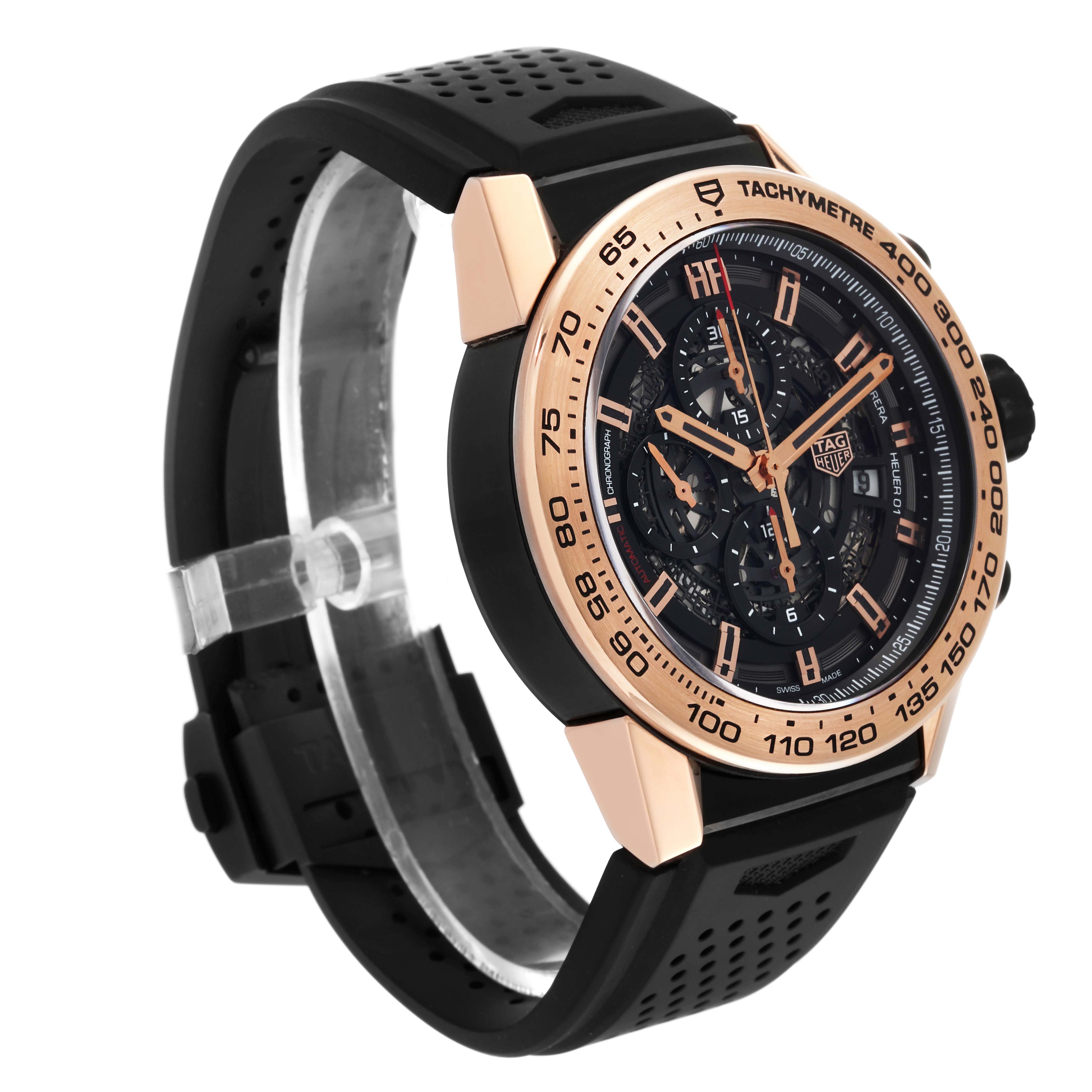The Tag Heuer Carrera CAR2A5B Men's Titanium Black Dial CAR2A5B Men's Titanium Black Dial watch is shown at an angle highlighting its face, bezel, and strap.