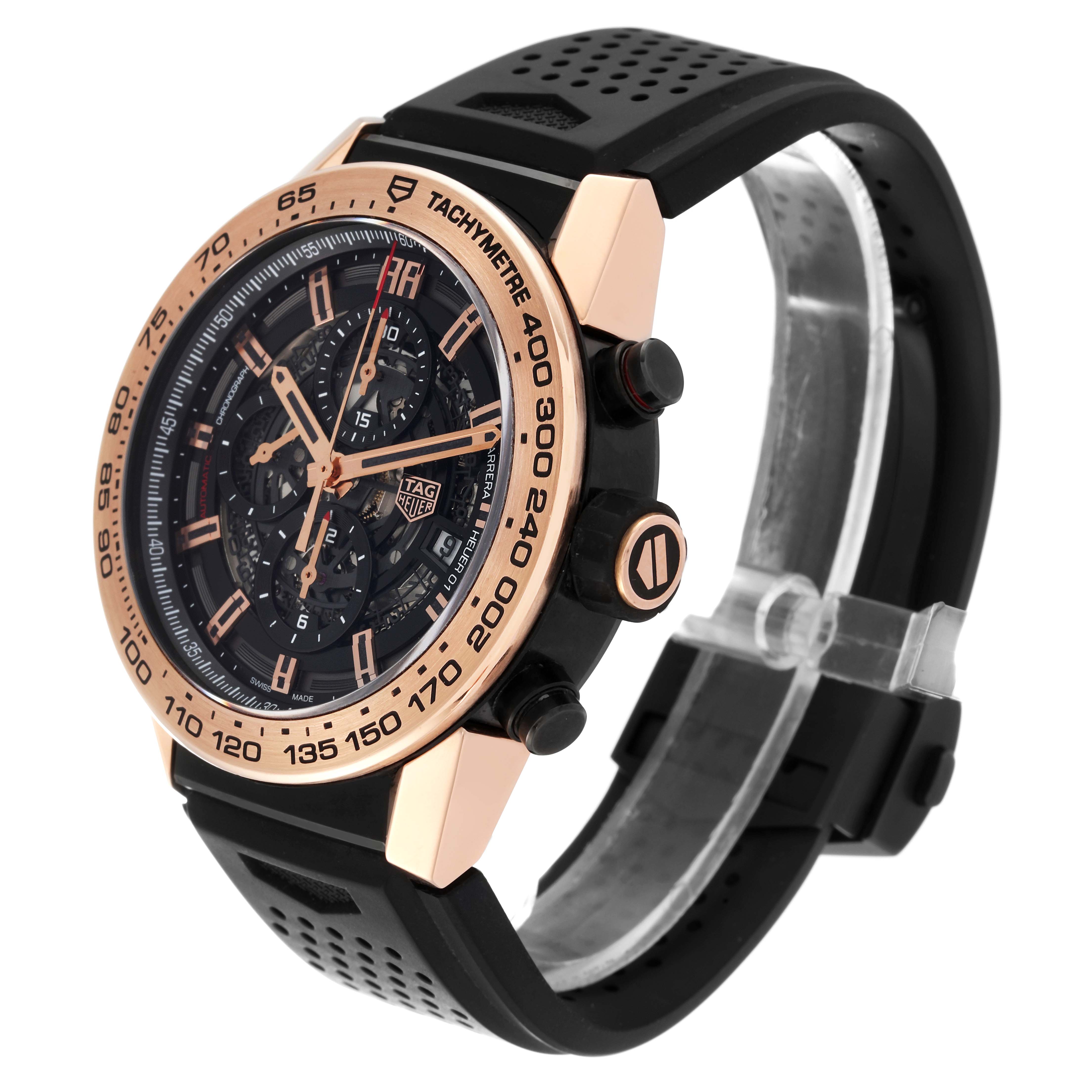 The image shows a side angle of a Tag Heuer Carrera CAR2A5B Men's Titanium Black Dial CAR2A5B Men's Titanium Black Dial watch, highlighting its rose gold bezel, black dial, and rubber strap.