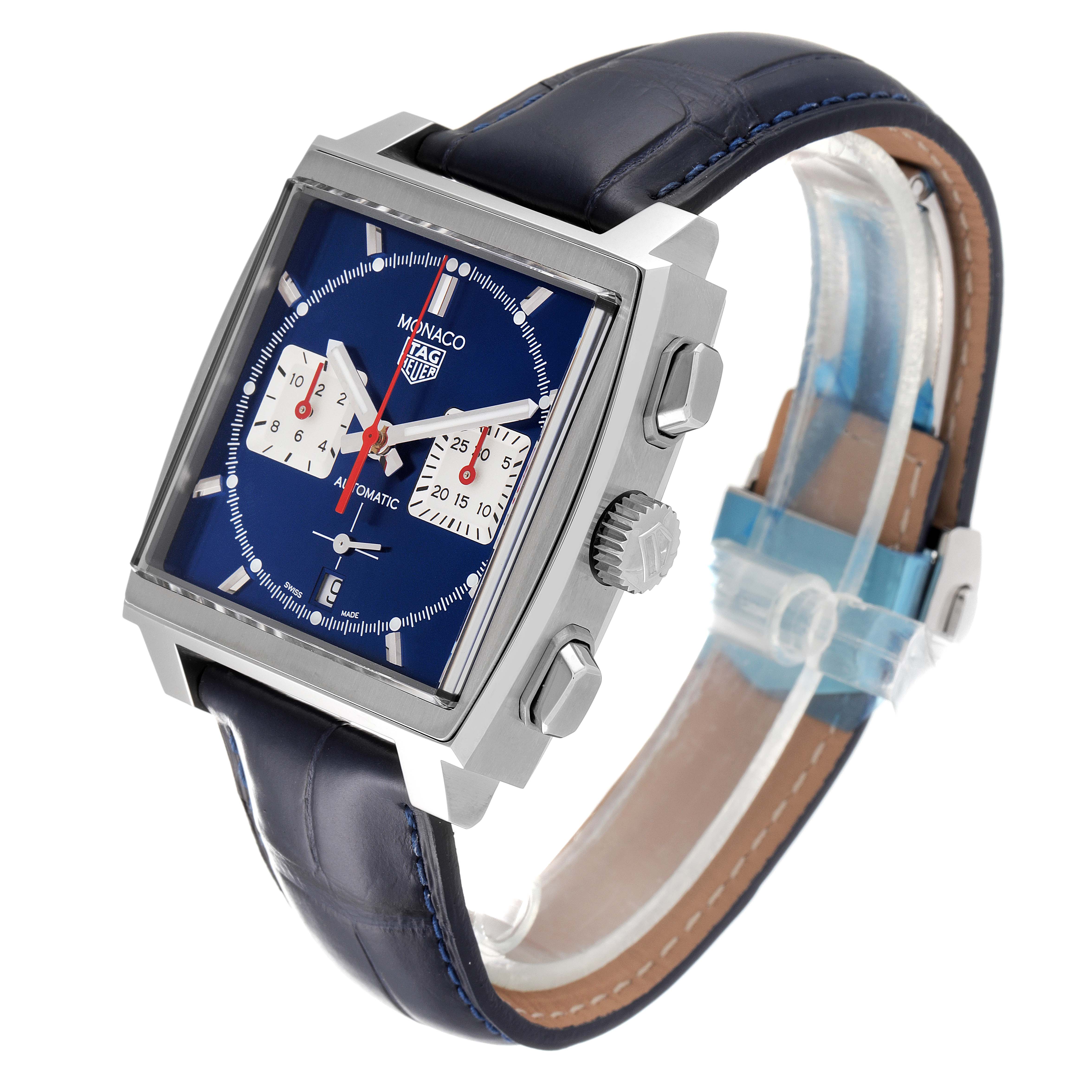 The image shows a Tag Heuer Monaco CBL2111.FC6453 Men's Stainless Steel Blue Dial CBL2111.FC6453 Men's Stainless Steel Blue Dial watch at an angled front view highlighting the dial, case, crown, and strap.