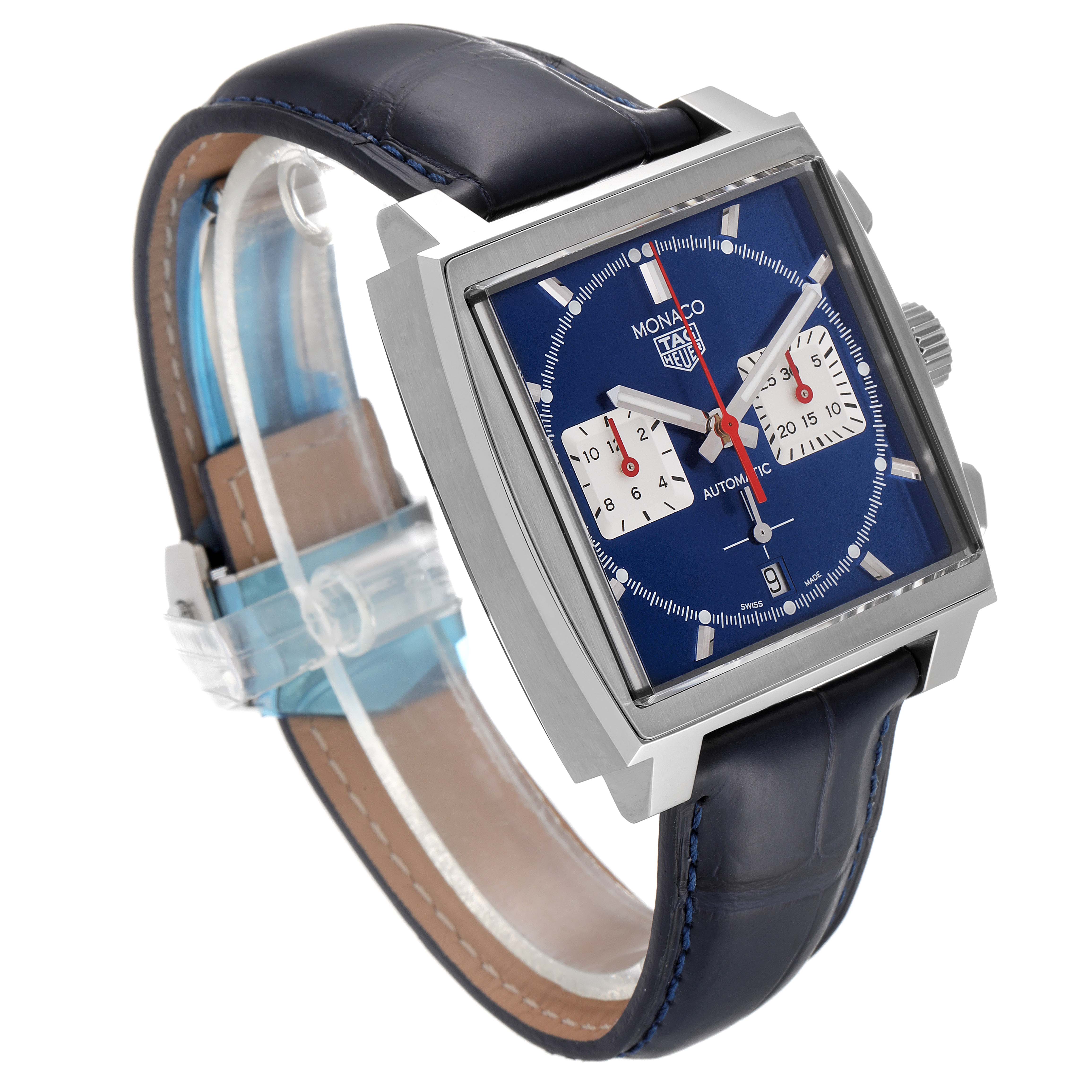 The Monaco model by Tag Heuer is shown at a three-quarter angle, highlighting its blue dial, square case, and leather strap.