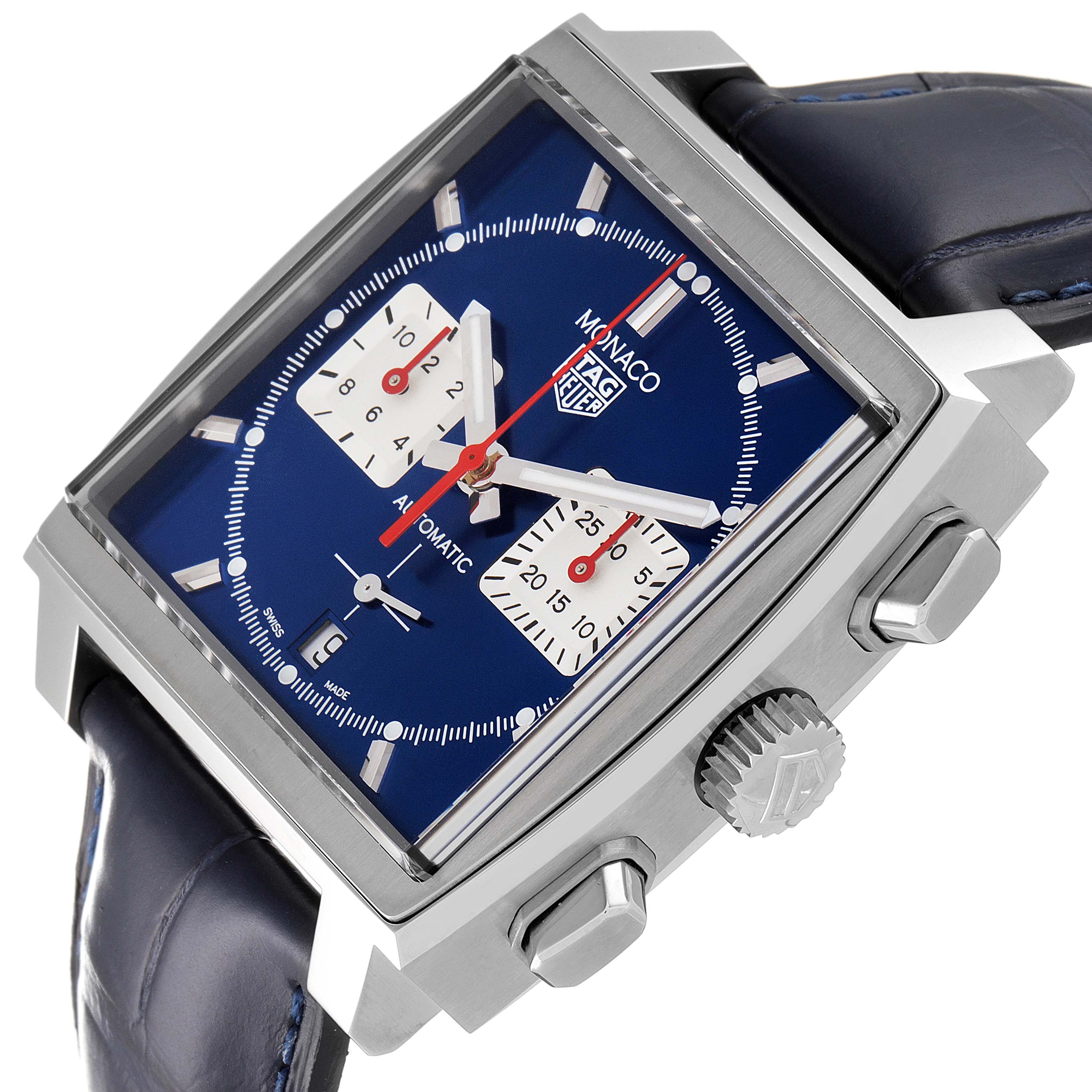 The image shows a Tag Heuer Monaco CBL2111.FC6453 Men's Stainless Steel Blue Dial CBL2111.FC6453 Men's Stainless Steel Blue Dial watch at an angle highlighting its face, crown, pushers, and part of the strap.